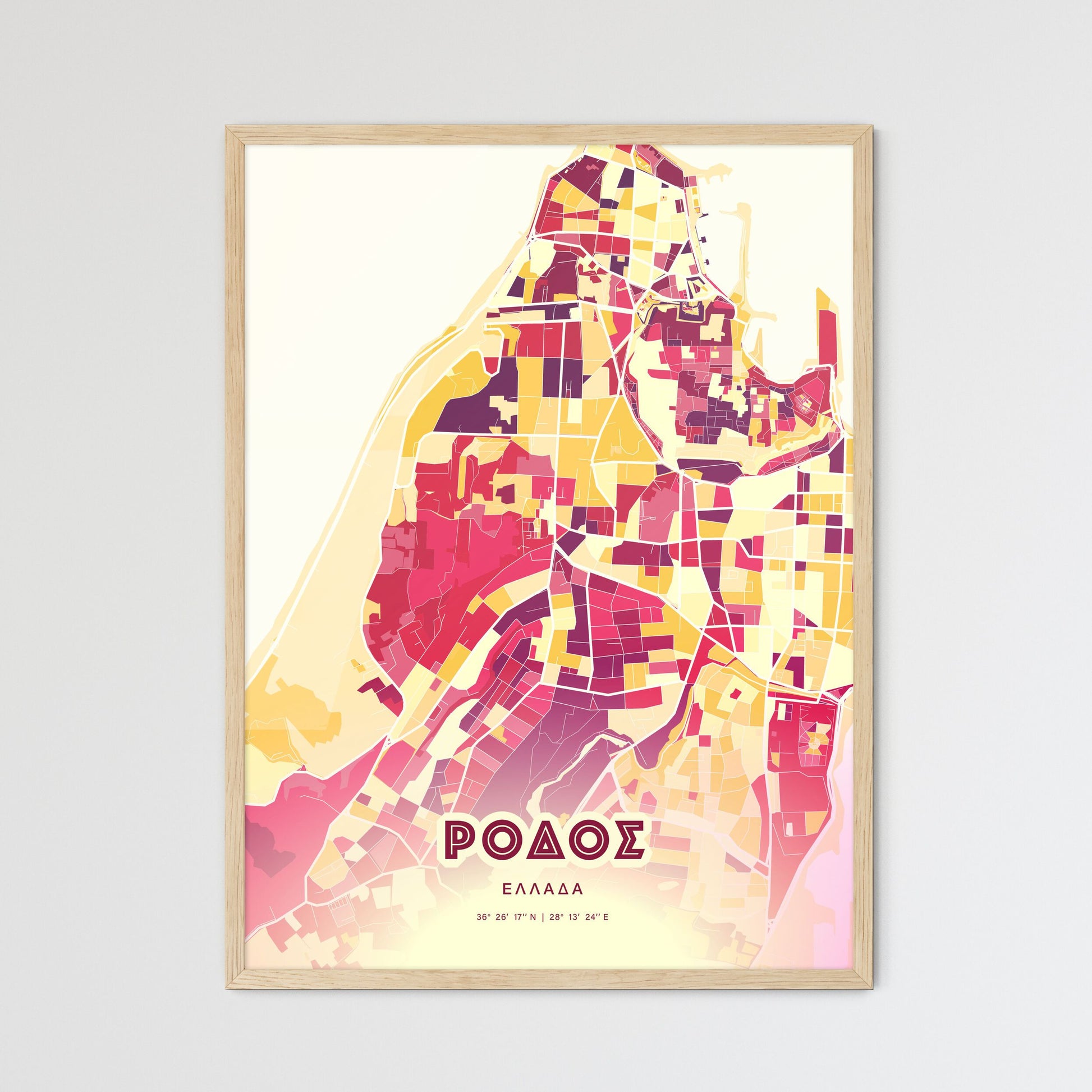 Colorful Rhodes Greece Fine Art Map Hot Red
