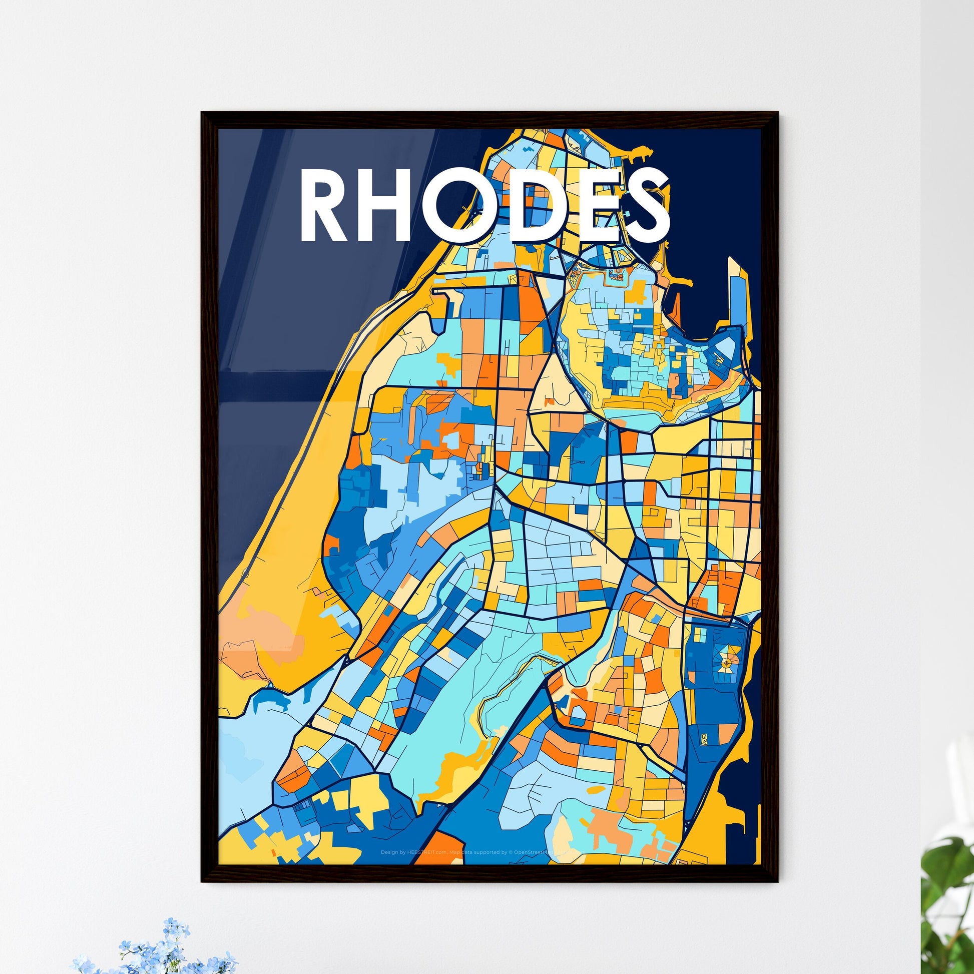 RHODES GREECE Vibrant Colorful Art Map Poster Blue Orange