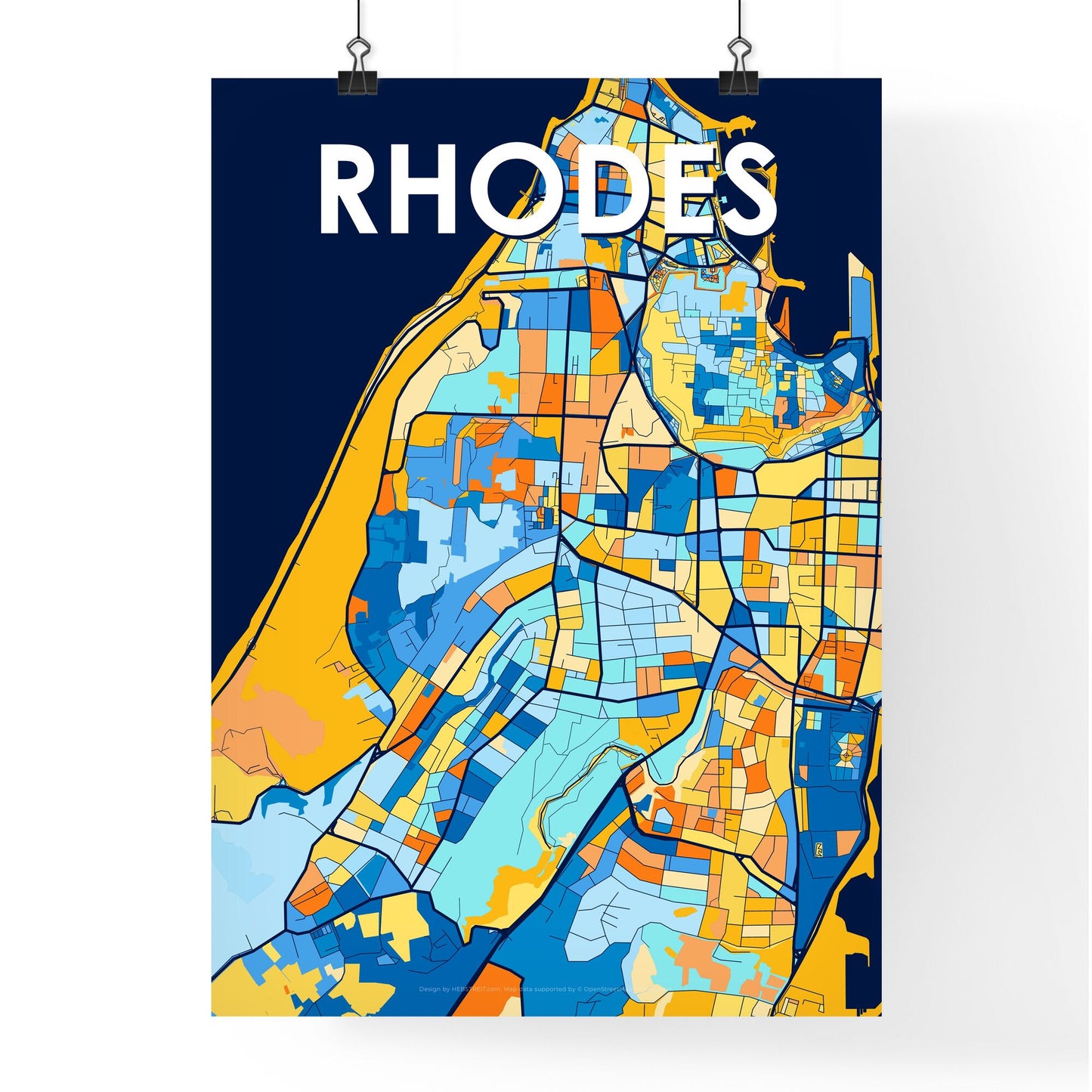 RHODES GREECE Vibrant Colorful Art Map Poster Blue Orange