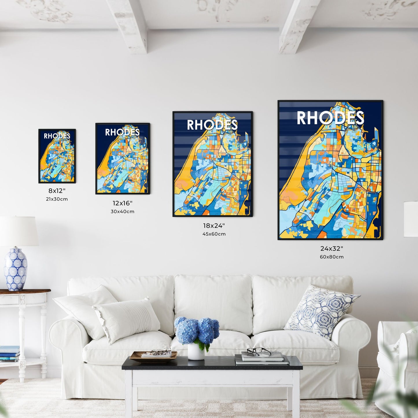 RHODES GREECE Vibrant Colorful Art Map Poster Blue Orange