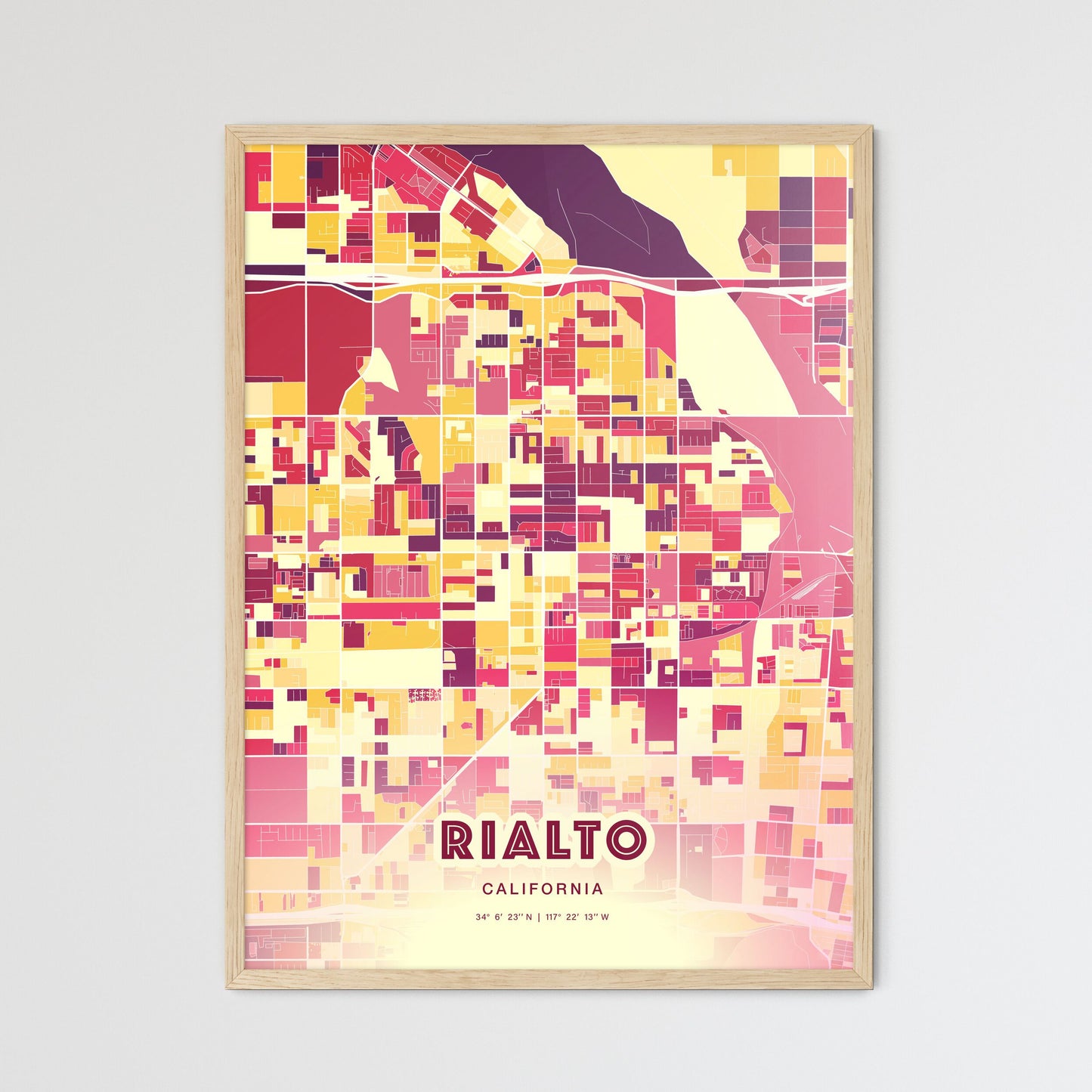 Colorful Rialto California Fine Art Map Hot Red