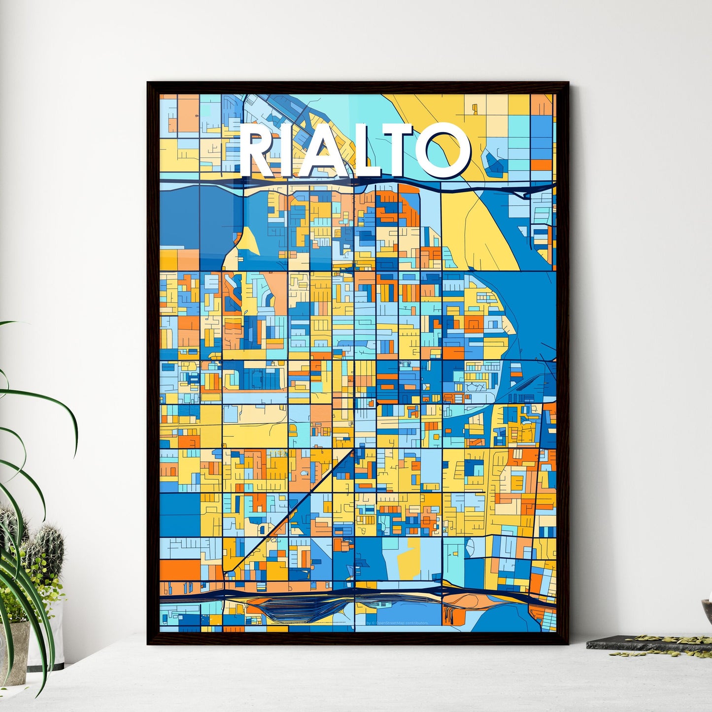 RIALTO CALIFORNIA Vibrant Colorful Art Map Poster Blue Orange