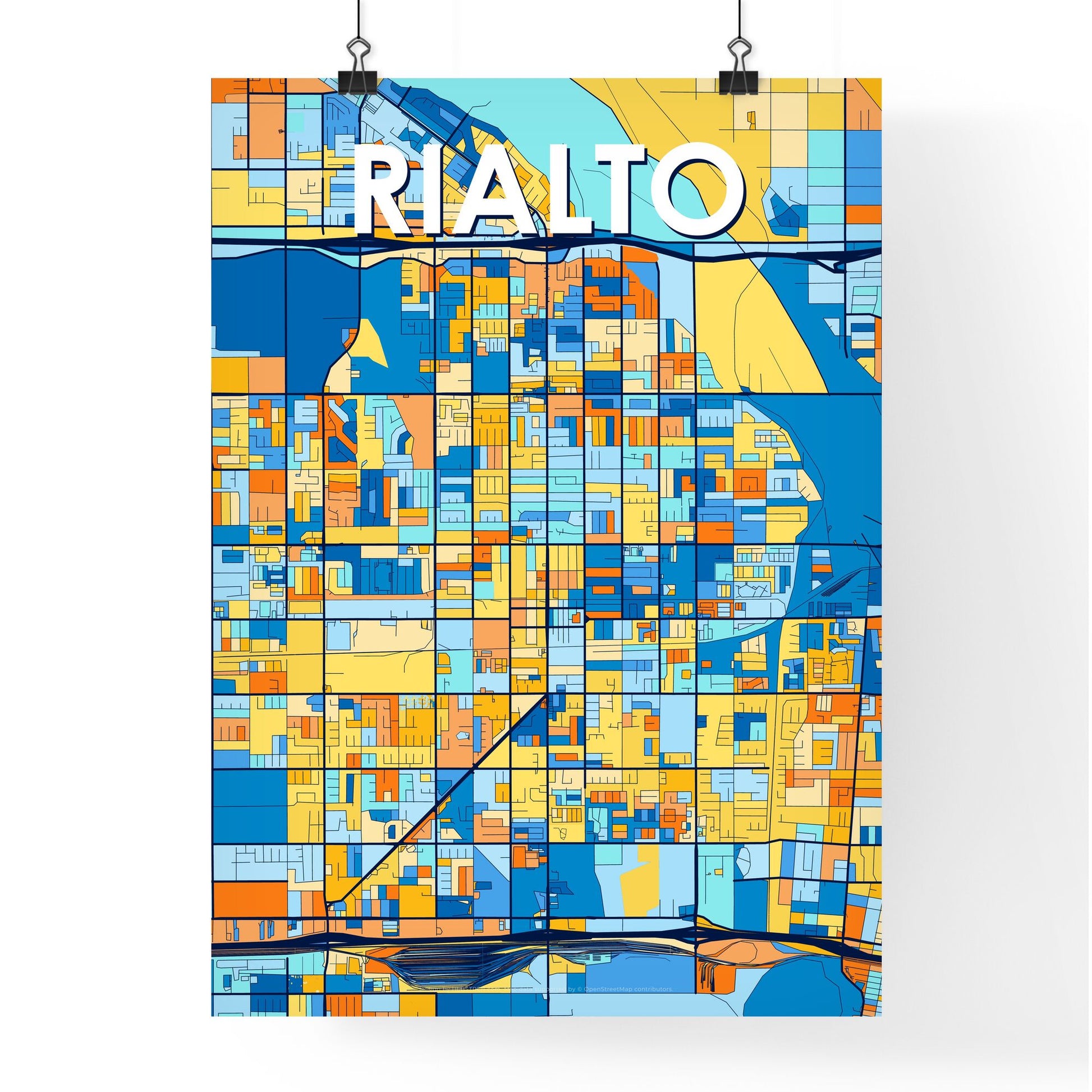 RIALTO CALIFORNIA Vibrant Colorful Art Map Poster Blue Orange