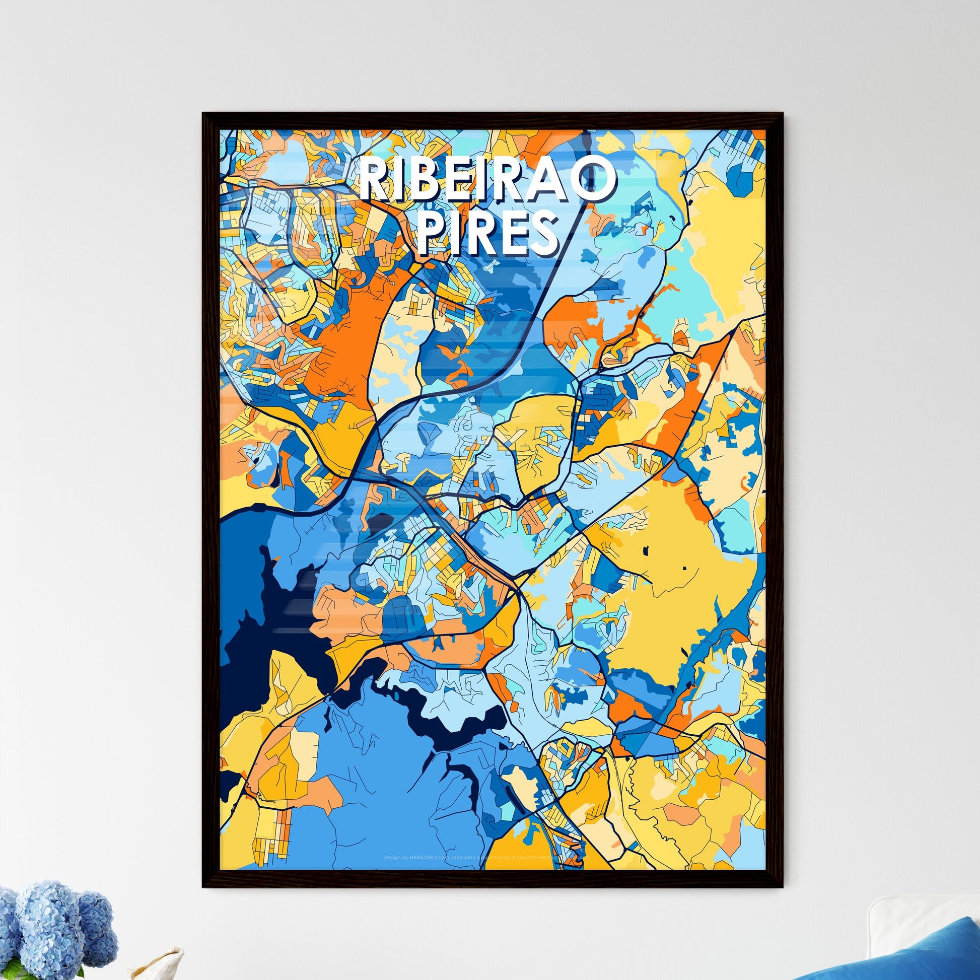 RIBEIRAO PIRES BRAZIL Vibrant Colorful Art Map Poster Blue Orange