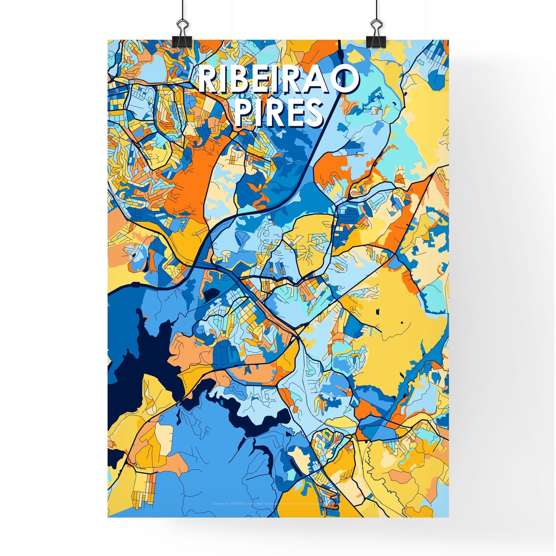 RIBEIRAO PIRES BRAZIL Vibrant Colorful Art Map Poster Blue Orange