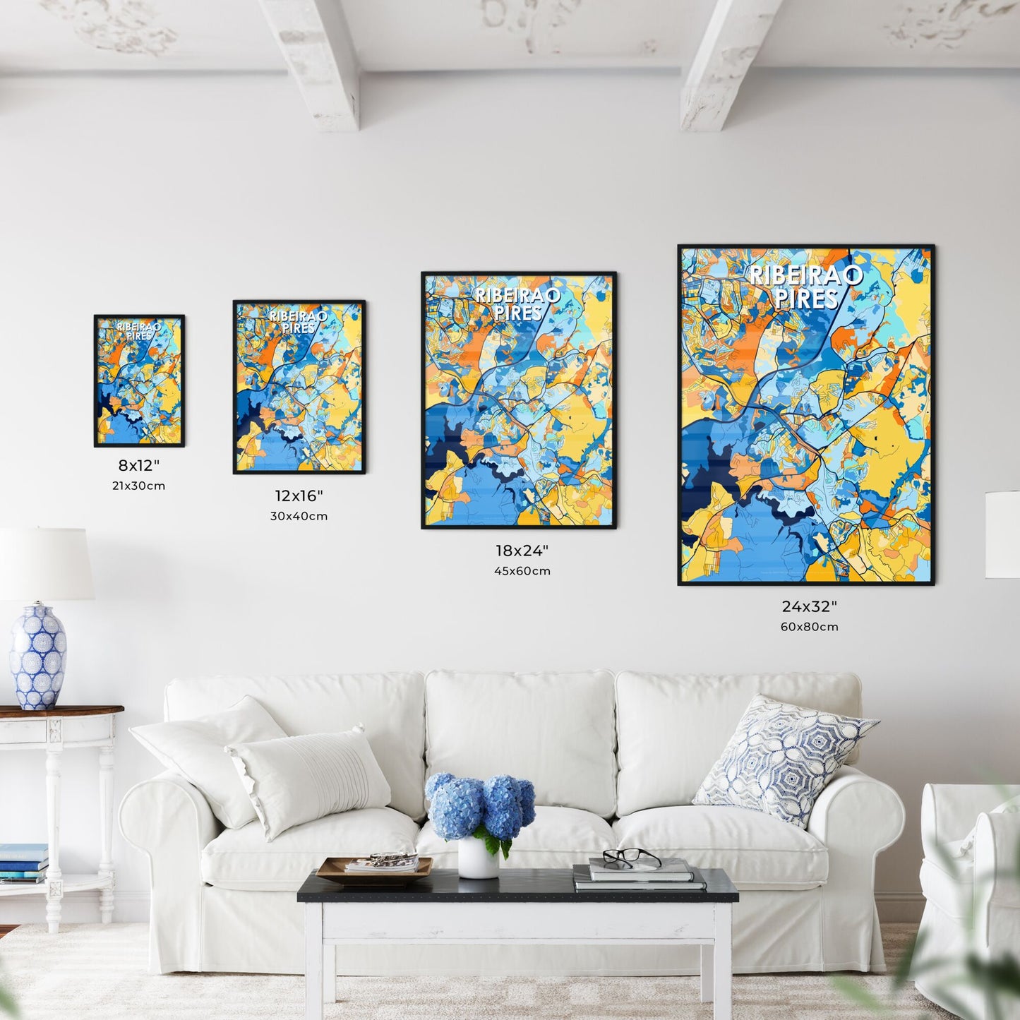 RIBEIRAO PIRES BRAZIL Vibrant Colorful Art Map Poster Blue Orange