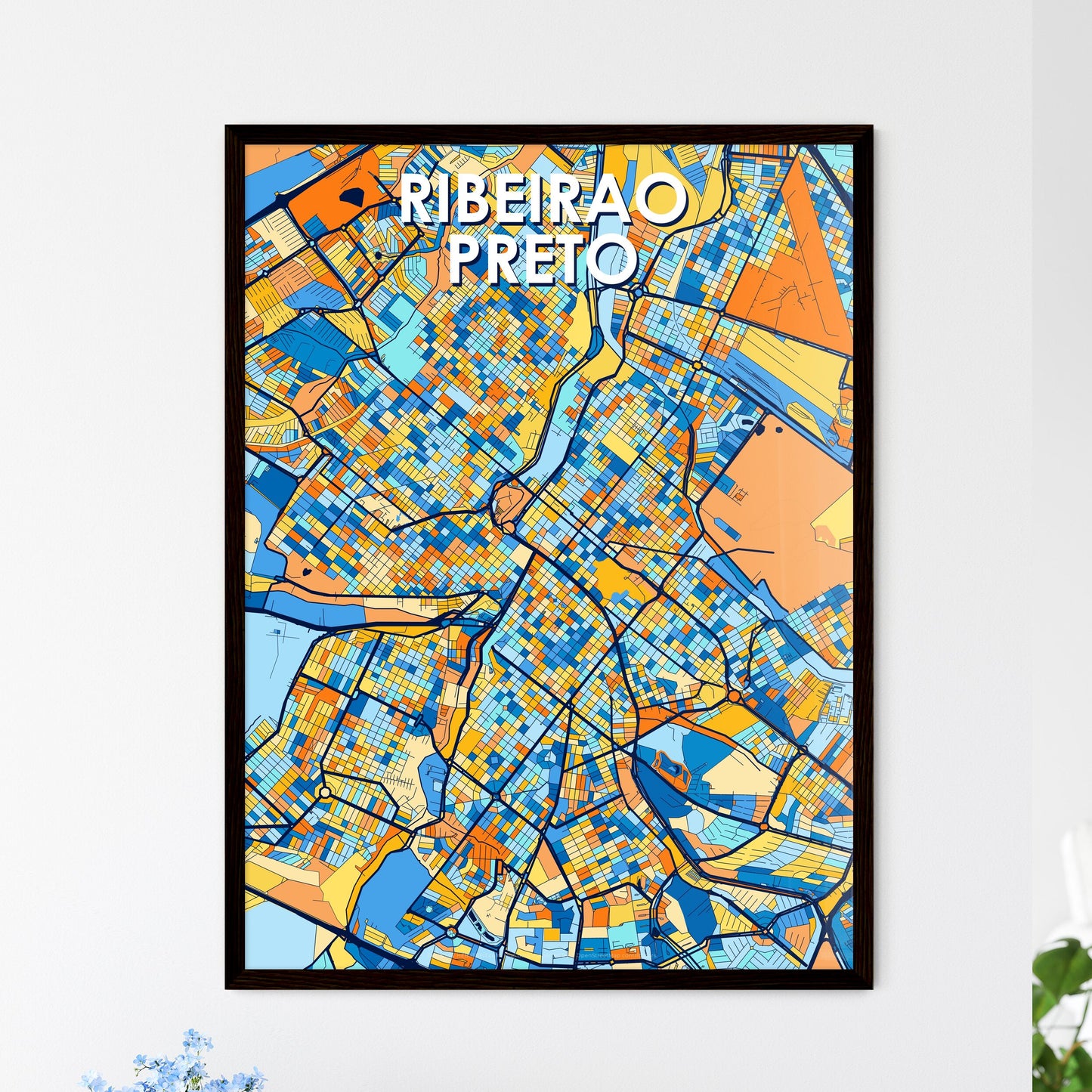 RIBEIRAO PRETO BRAZIL Vibrant Colorful Art Map Poster Blue Orange