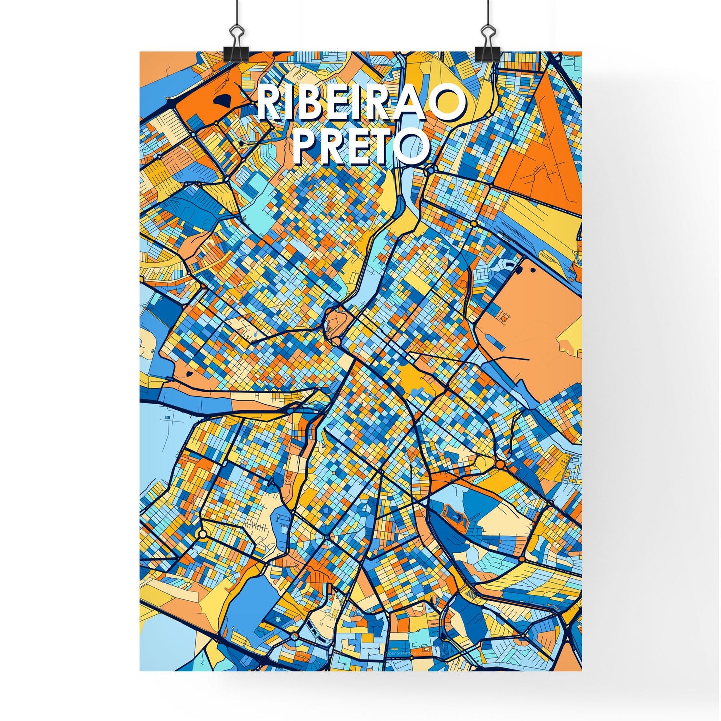 RIBEIRAO PRETO BRAZIL Vibrant Colorful Art Map Poster Blue Orange