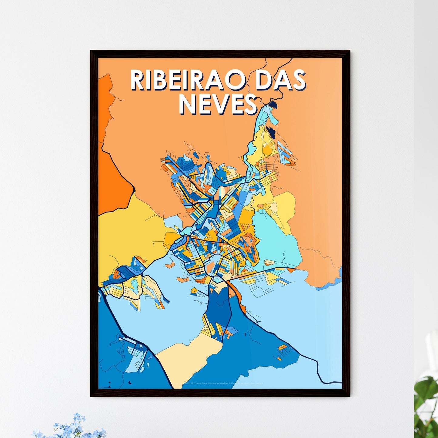 RIBEIRAO DAS NEVES BRAZIL Vibrant Colorful Art Map Poster Blue Orange