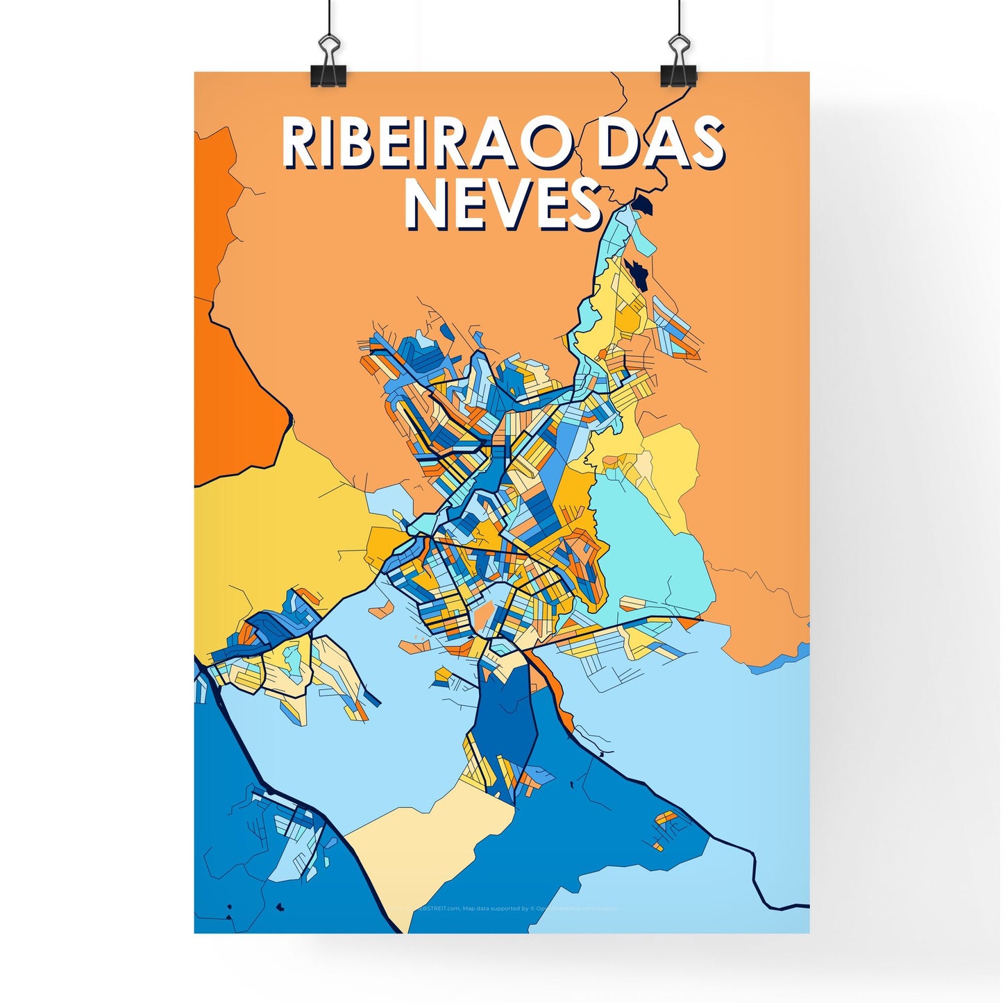 RIBEIRAO DAS NEVES BRAZIL Vibrant Colorful Art Map Poster Blue Orange