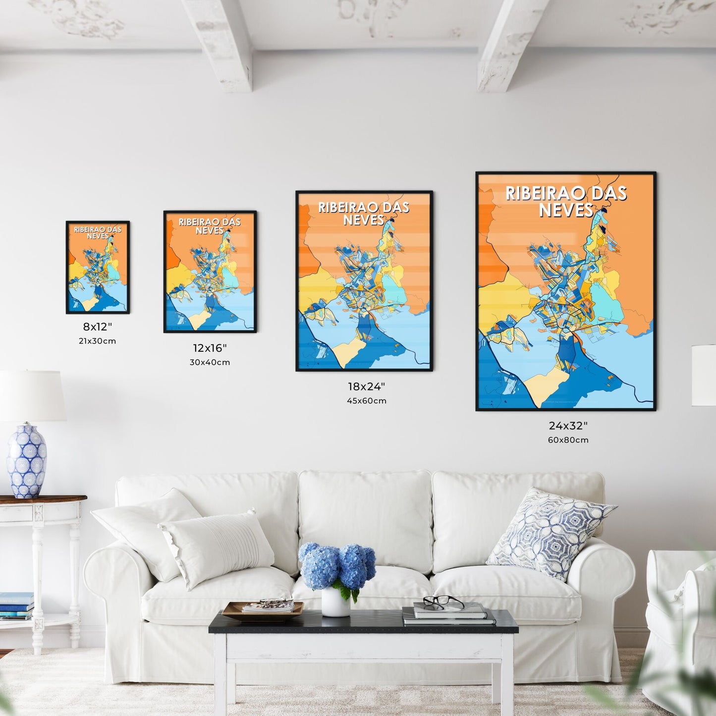 RIBEIRAO DAS NEVES BRAZIL Vibrant Colorful Art Map Poster Blue Orange