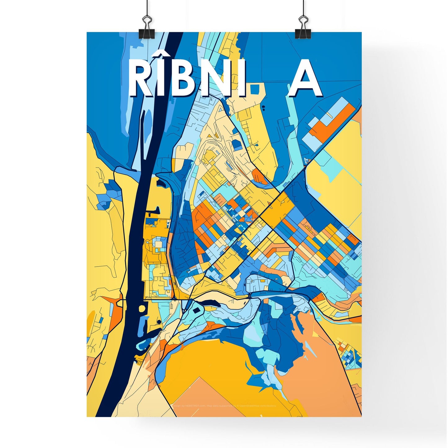 RÎBNIȚA MOLDOVA Vibrant Colorful Art Map Poster Blue Orange