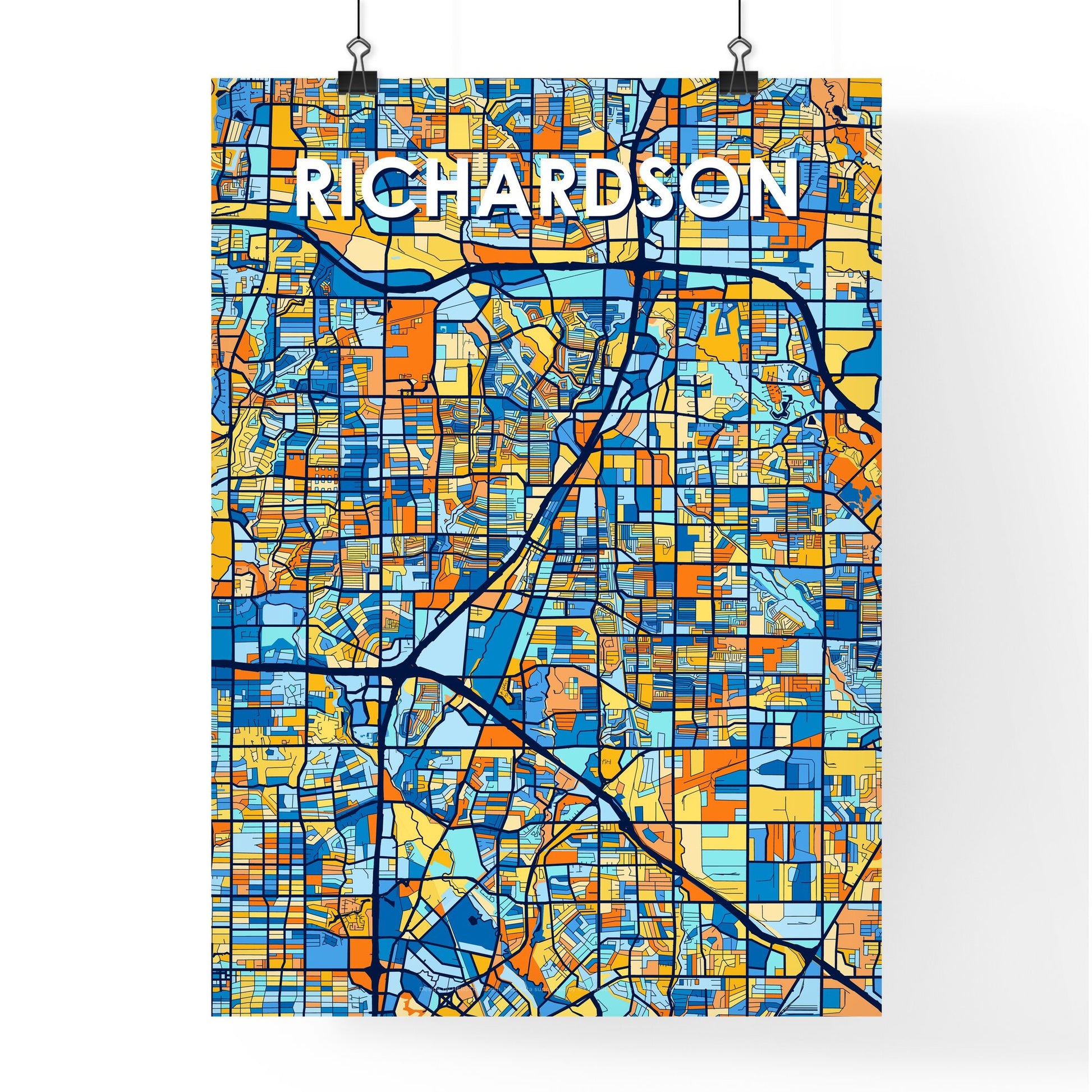 RICHARDSON TEXAS Vibrant Colorful Art Map Poster Blue Orange