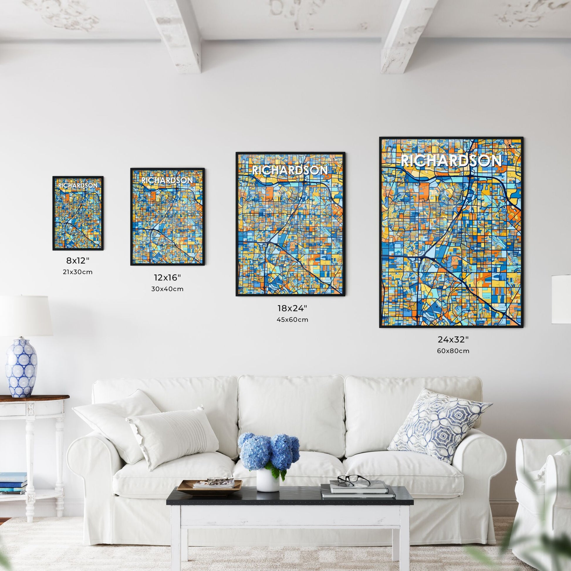 RICHARDSON TEXAS Vibrant Colorful Art Map Poster Blue Orange