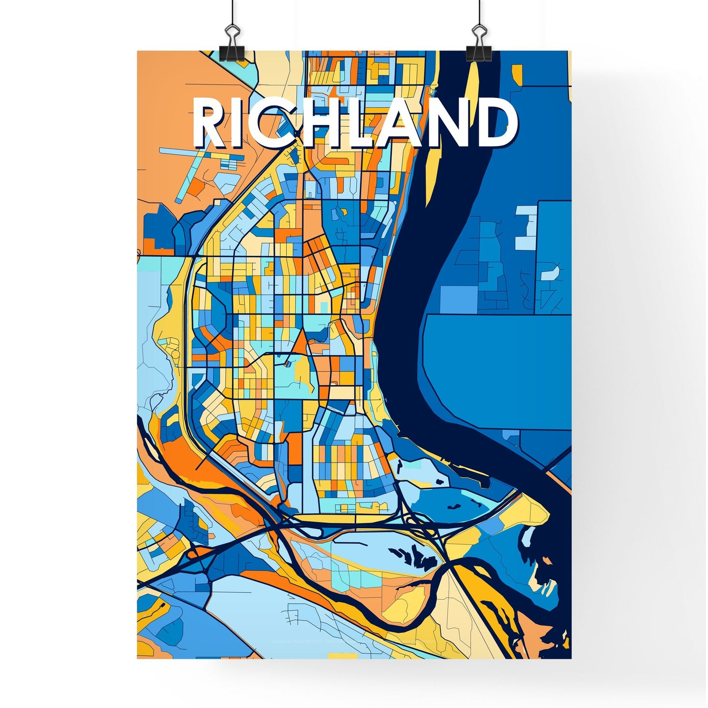 RICHLAND WASHINGTON Vibrant Colorful Art Map Poster Blue Orange