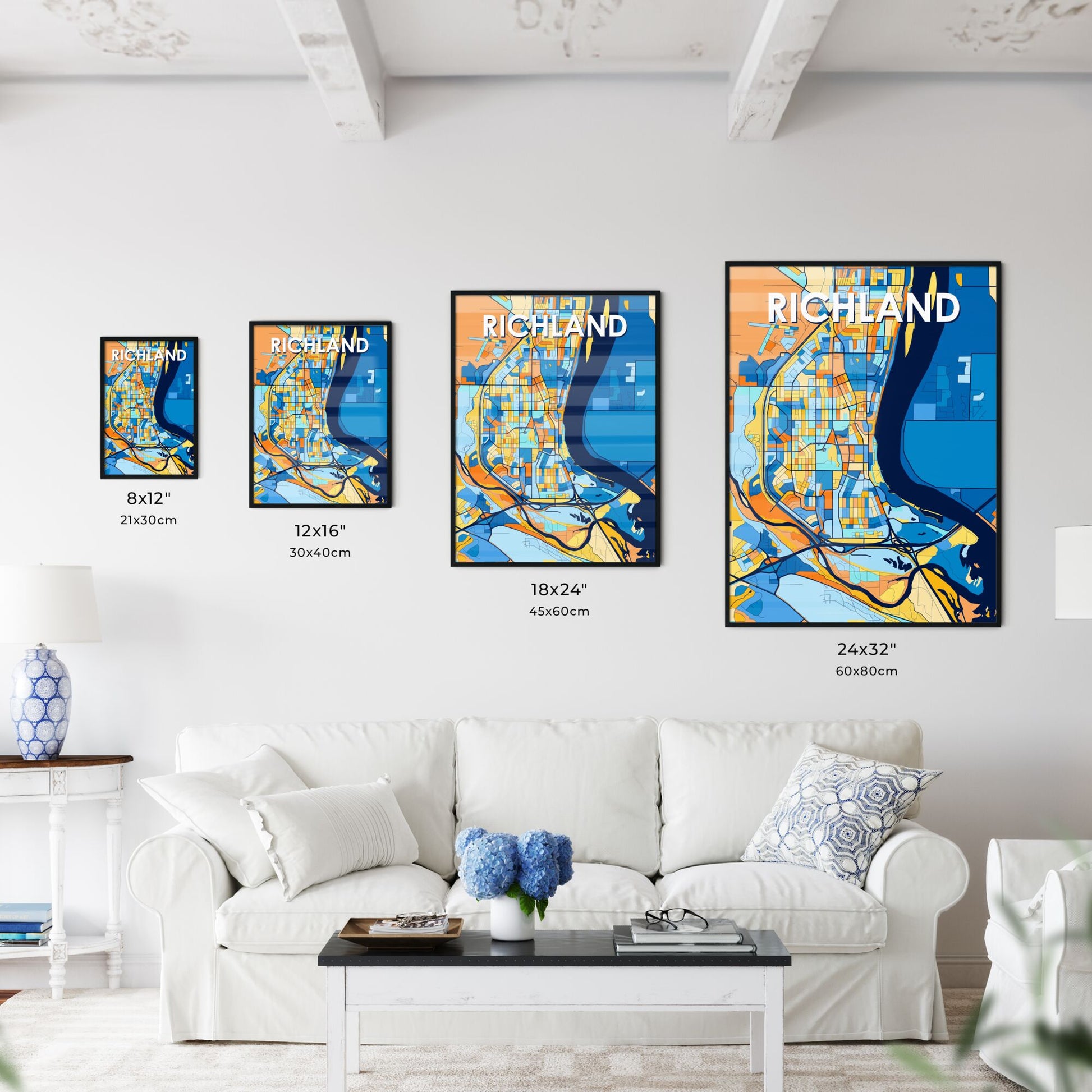 RICHLAND WASHINGTON Vibrant Colorful Art Map Poster Blue Orange