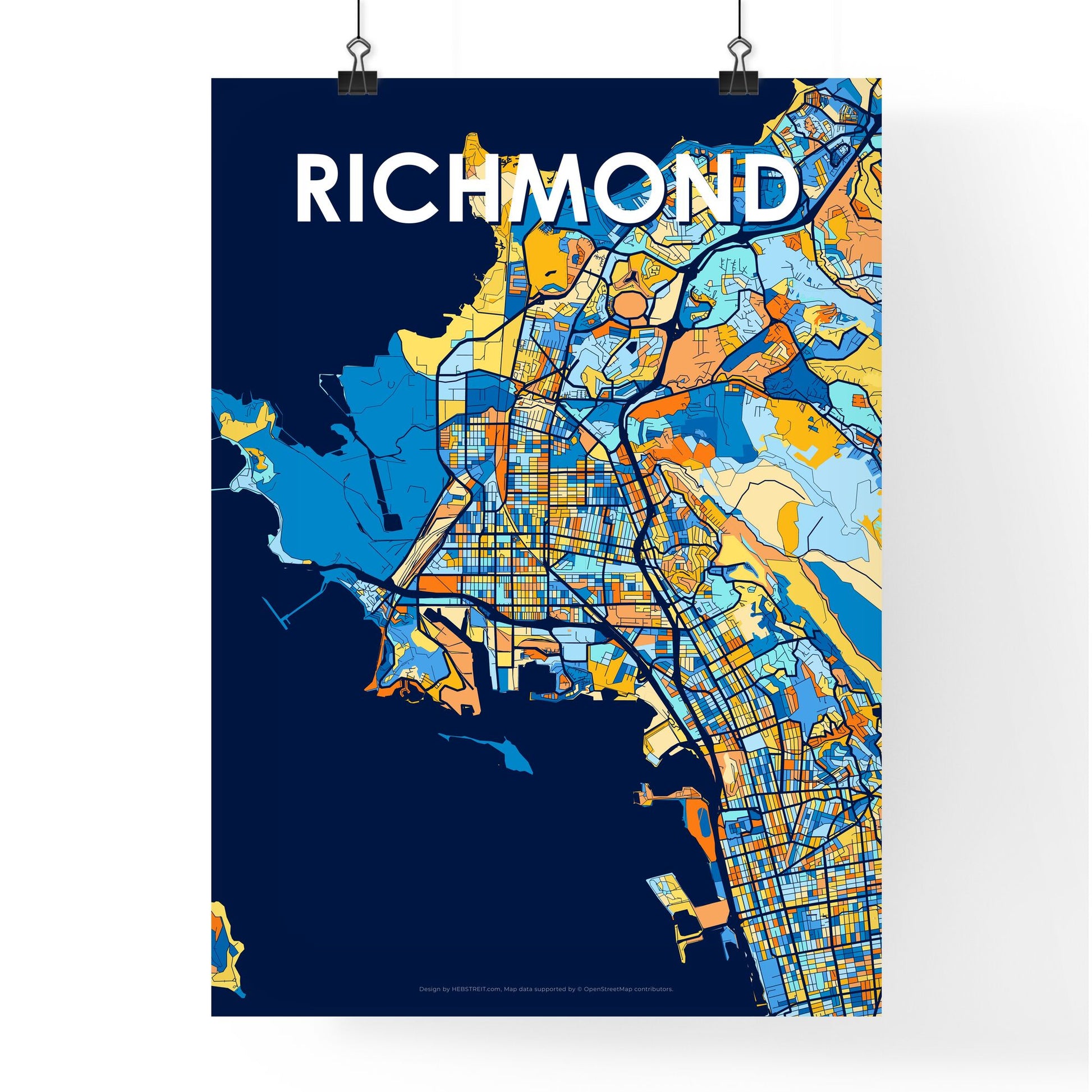 RICHMOND CALIFORNIA Vibrant Colorful Art Map Poster Blue Orange