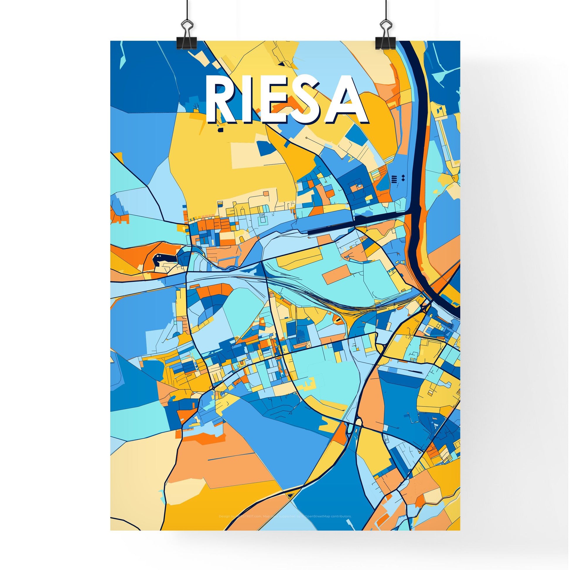 RIESA GERMANY Vibrant Colorful Art Map Poster Blue Orange