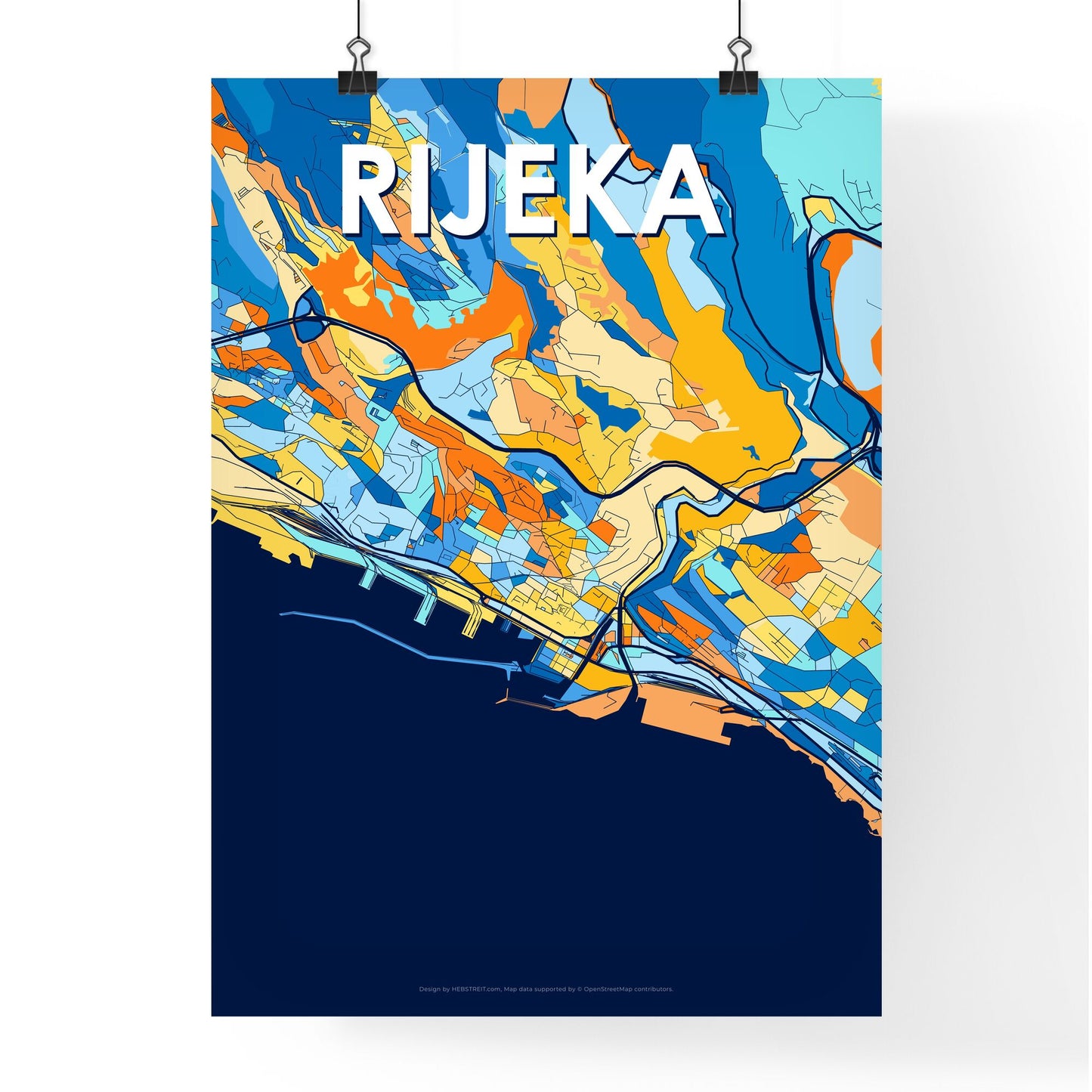 RIJEKA CROATIA Vibrant Colorful Art Map Poster Blue Orange