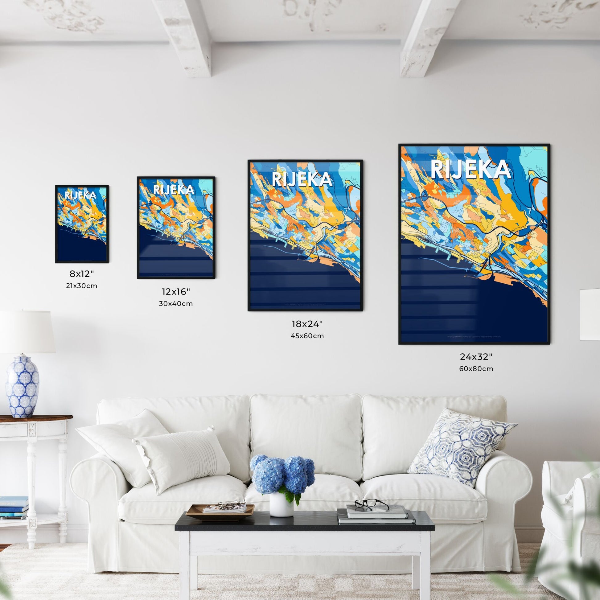 RIJEKA CROATIA Vibrant Colorful Art Map Poster Blue Orange