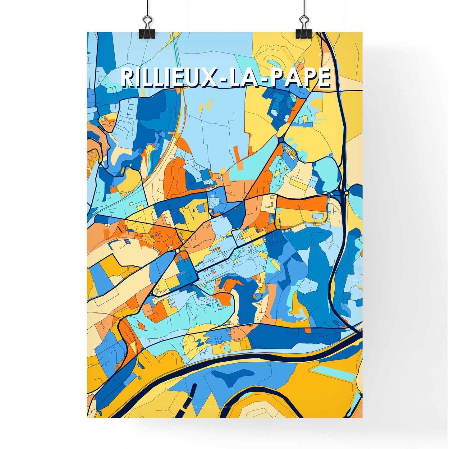 RILLIEUX-LA-PAPE FRANCE Vibrant Colorful Art Map Poster Blue Orange