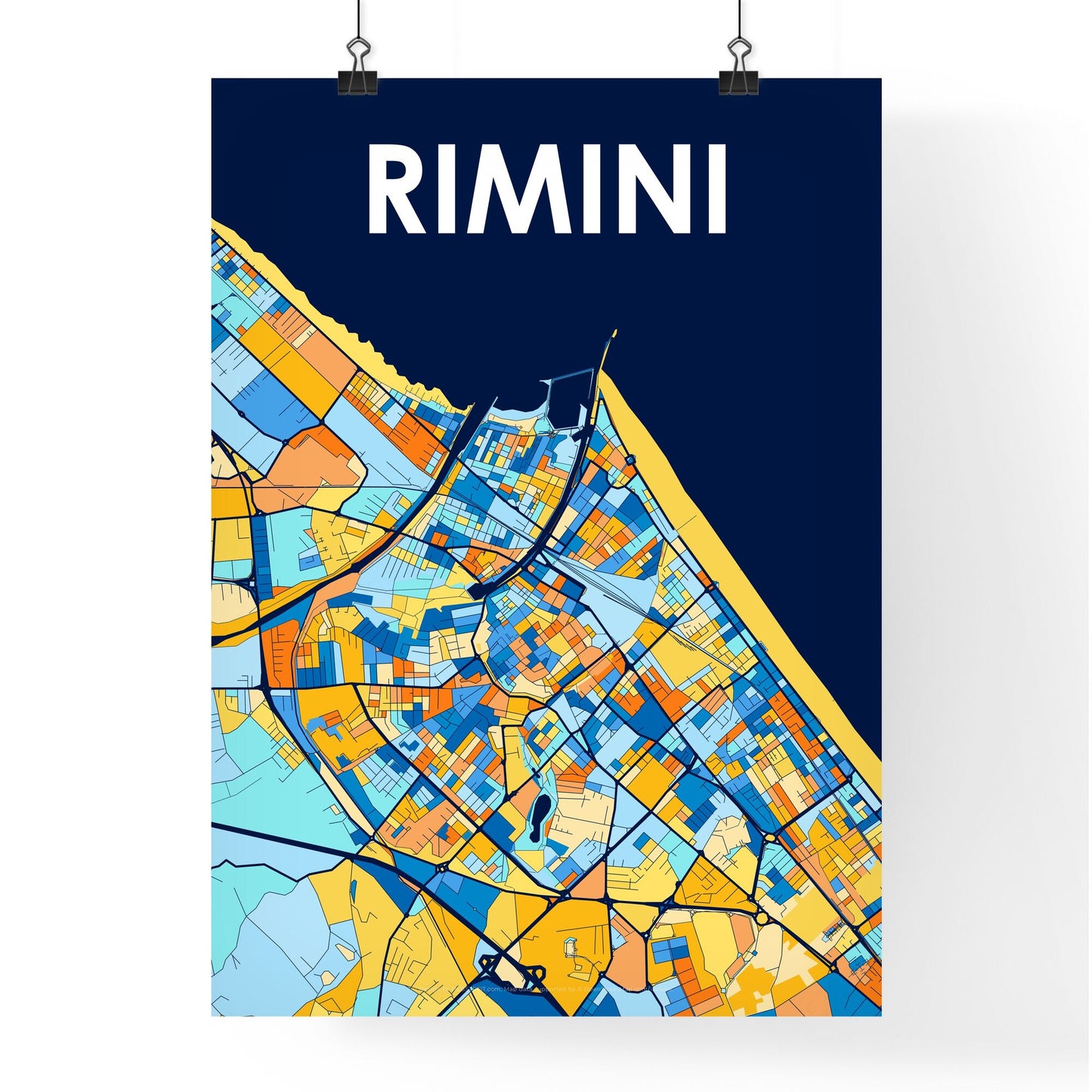 RIMINI ITALY Vibrant Colorful Art Map Poster Blue Orange