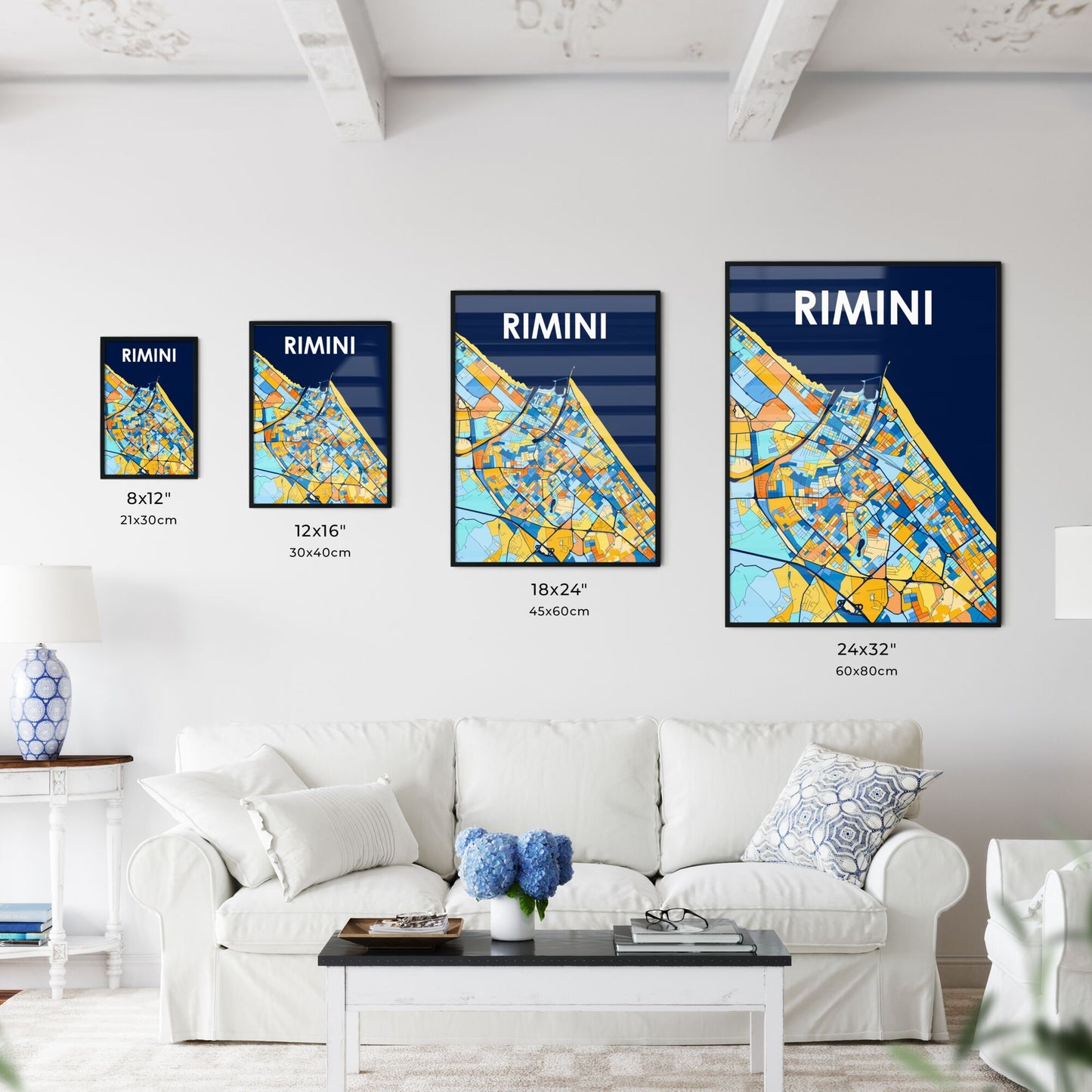 RIMINI ITALY Vibrant Colorful Art Map Poster Blue Orange