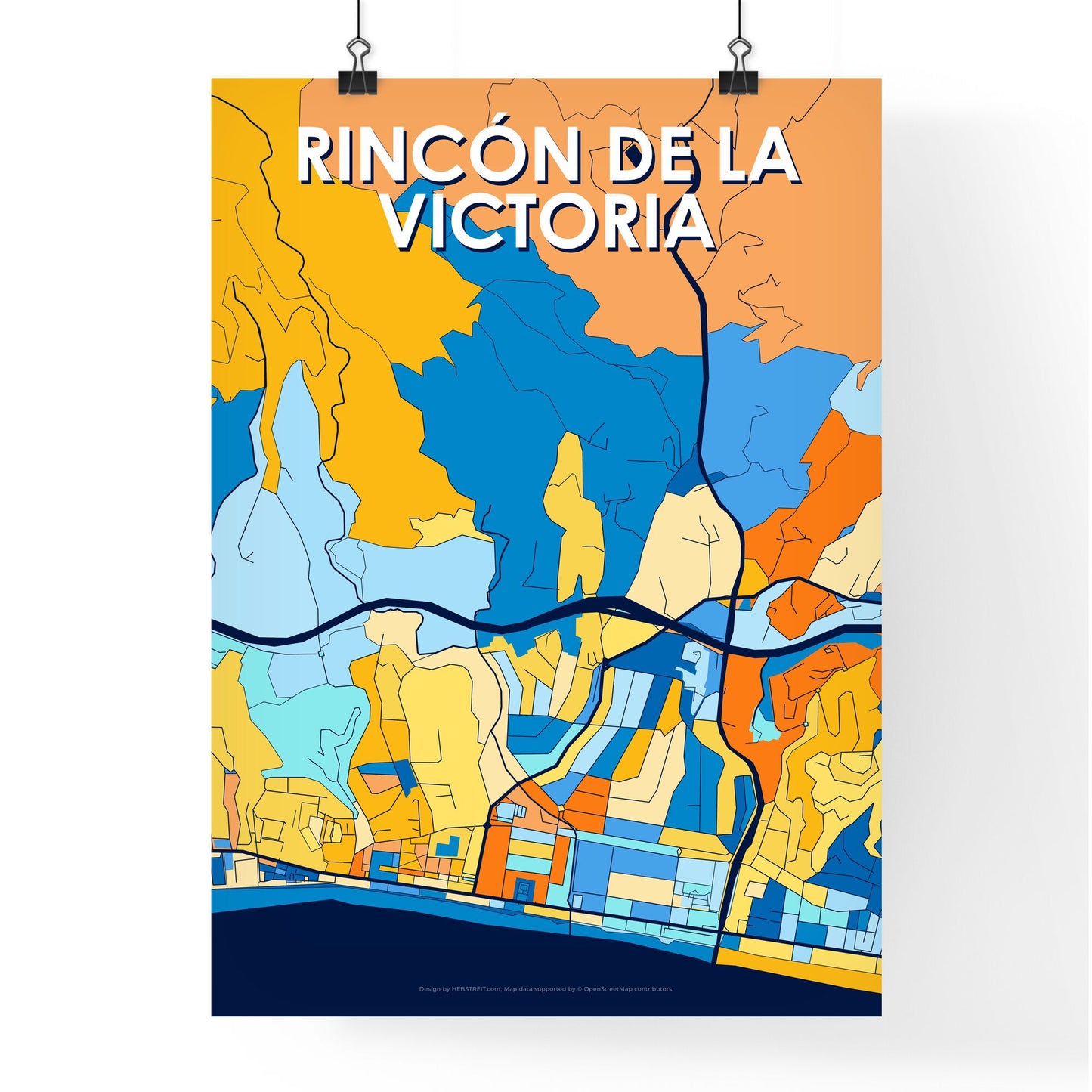 RINCÓN DE LA VICTORIA SPAIN Vibrant Colorful Art Map Poster Blue Orange