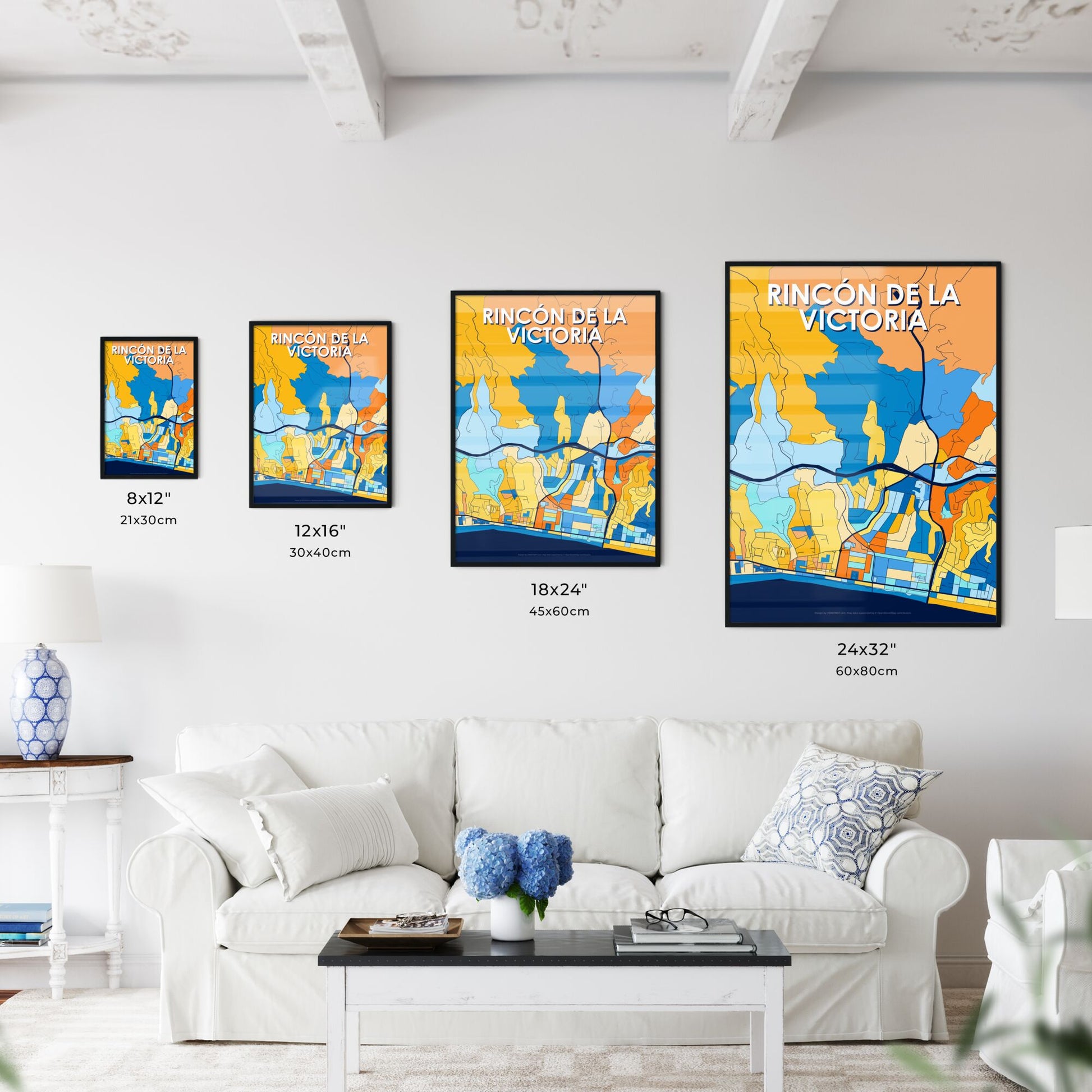 RINCÓN DE LA VICTORIA SPAIN Vibrant Colorful Art Map Poster Blue Orange