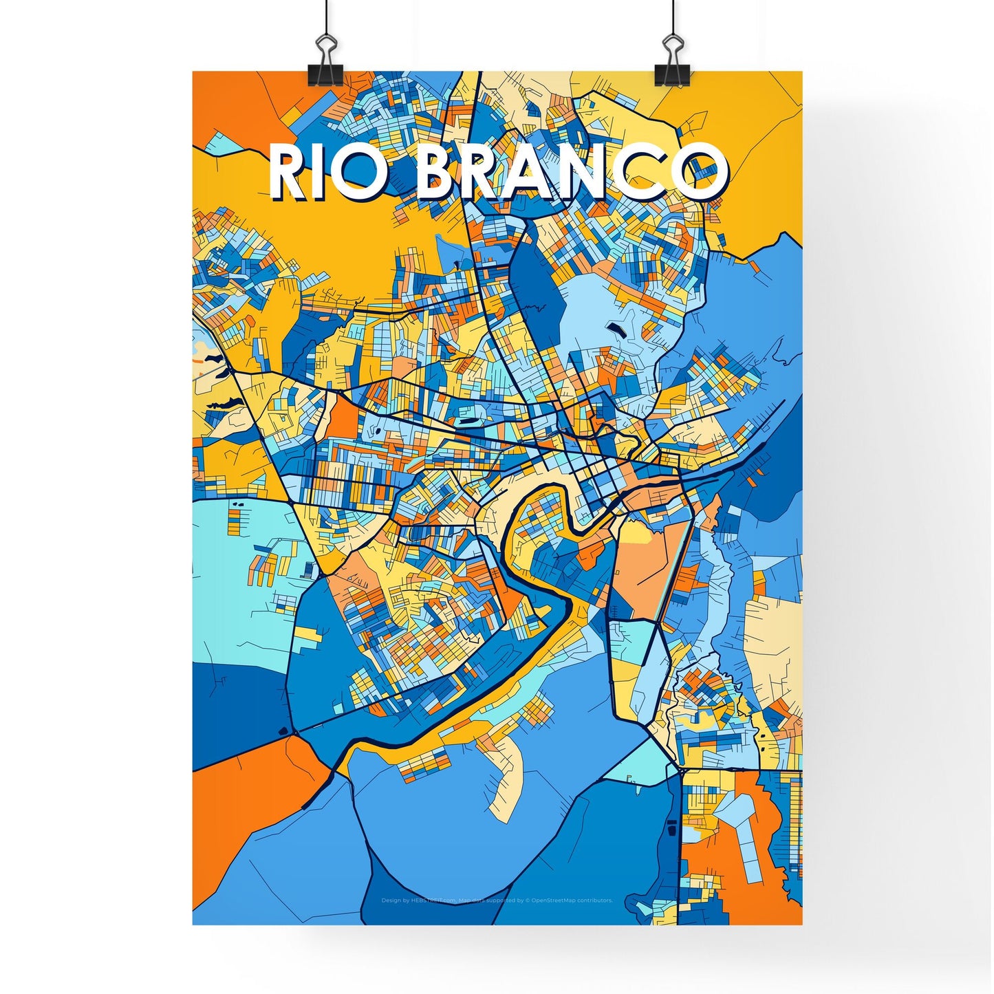 RIO BRANCO BRAZIL Vibrant Colorful Art Map Poster Blue Orange