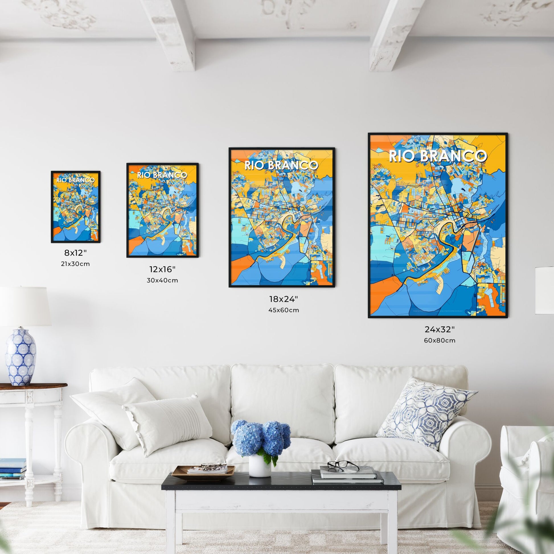 RIO BRANCO BRAZIL Vibrant Colorful Art Map Poster Blue Orange