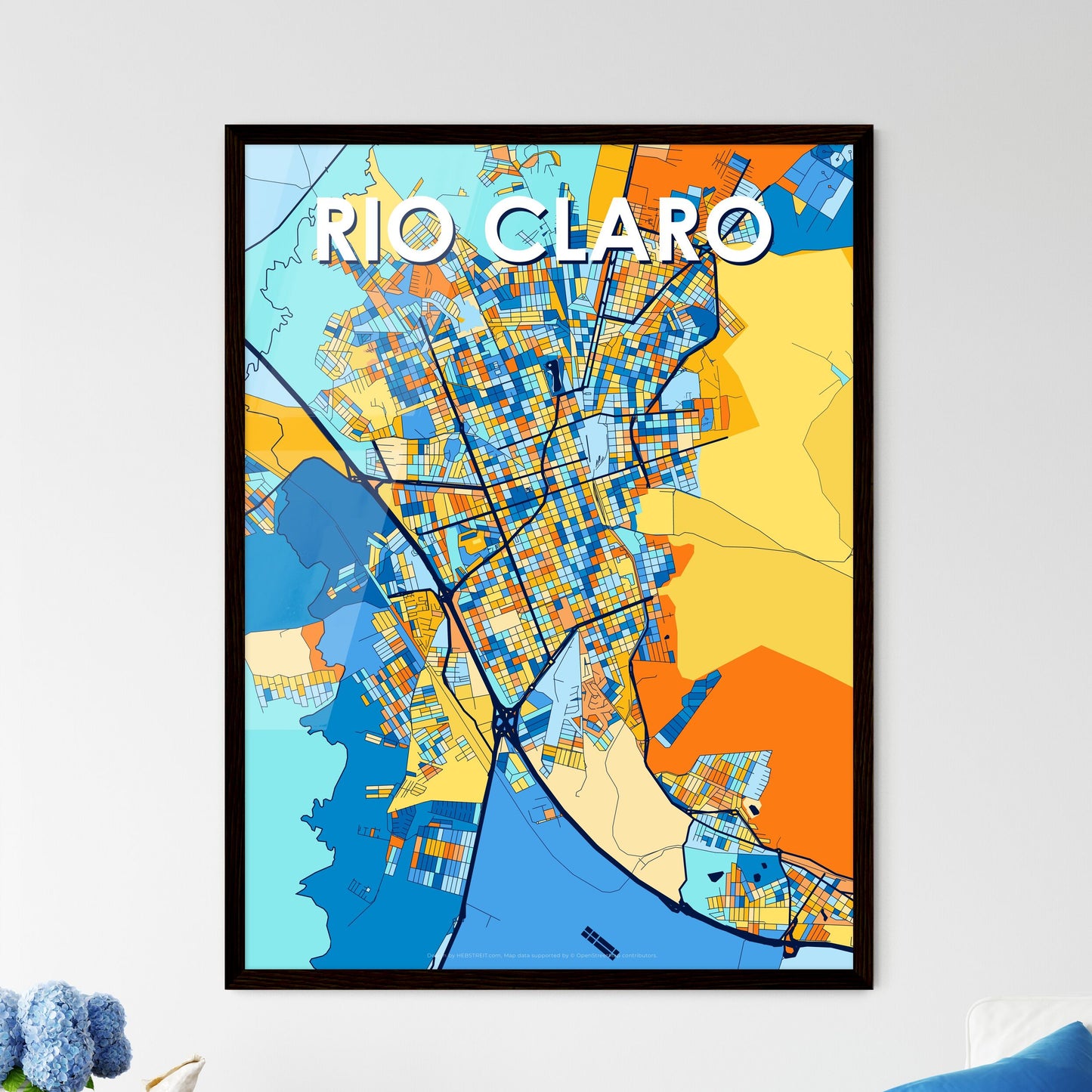 RIO CLARO BRAZIL Vibrant Colorful Art Map Poster Blue Orange