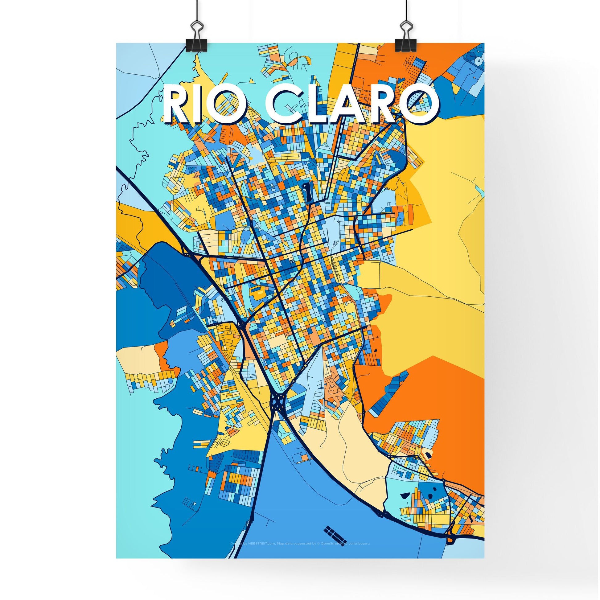 RIO CLARO BRAZIL Vibrant Colorful Art Map Poster Blue Orange