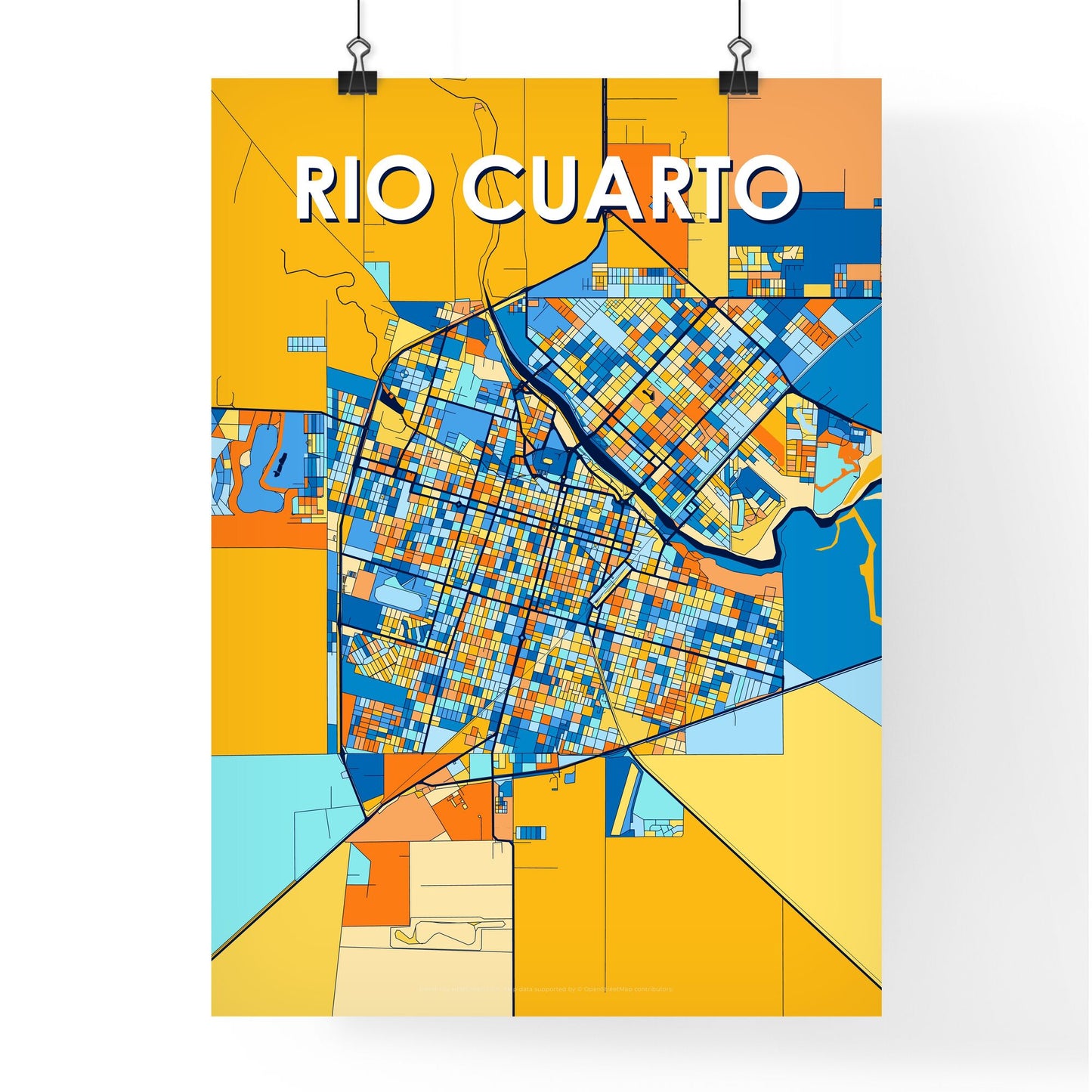 RIO CUARTO ARGENTINA Vibrant Colorful Art Map Poster Blue Orange