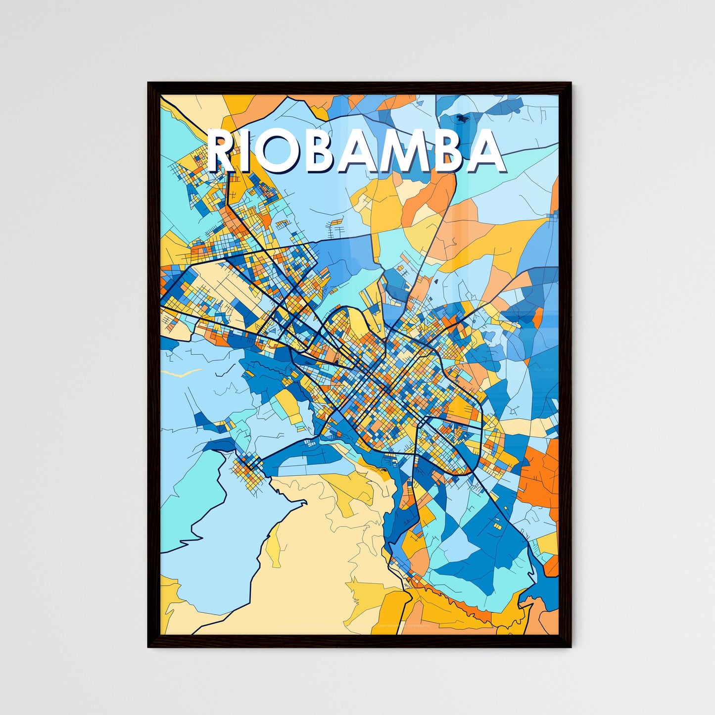 RIOBAMBA ECUADOR Vibrant Colorful Art Map Poster Blue Orange