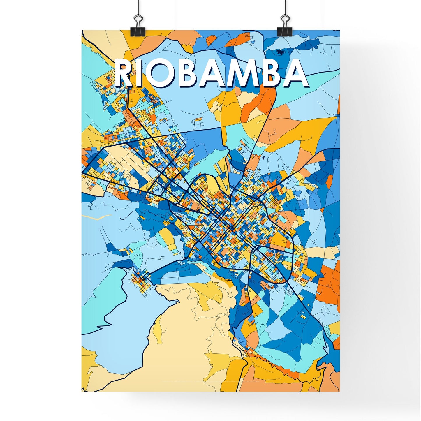 RIOBAMBA ECUADOR Vibrant Colorful Art Map Poster Blue Orange