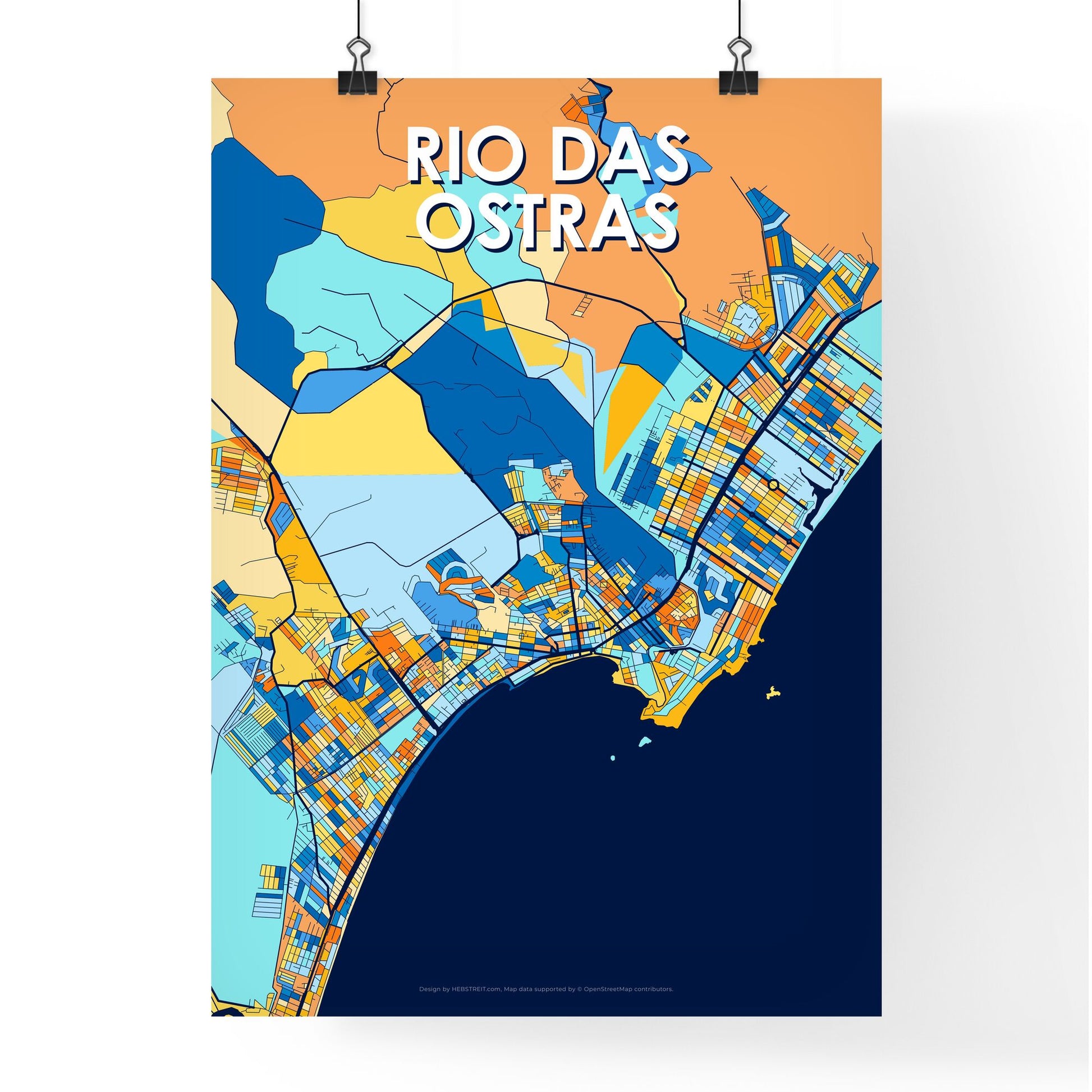 RIO DAS OSTRAS BRAZIL Vibrant Colorful Art Map Poster Blue Orange