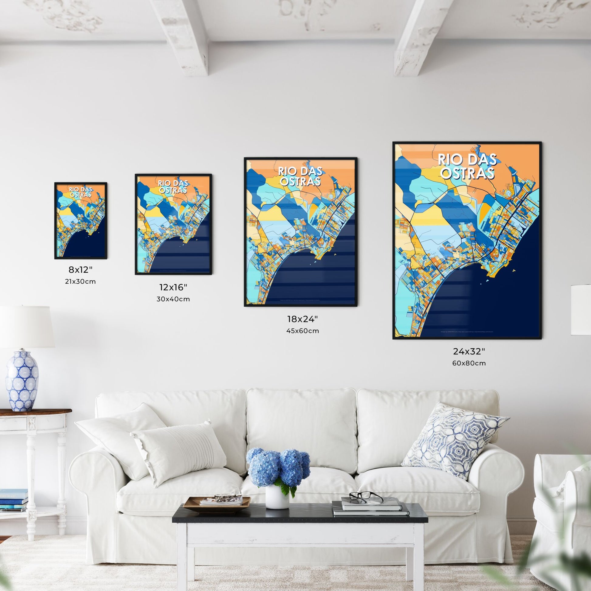 RIO DAS OSTRAS BRAZIL Vibrant Colorful Art Map Poster Blue Orange