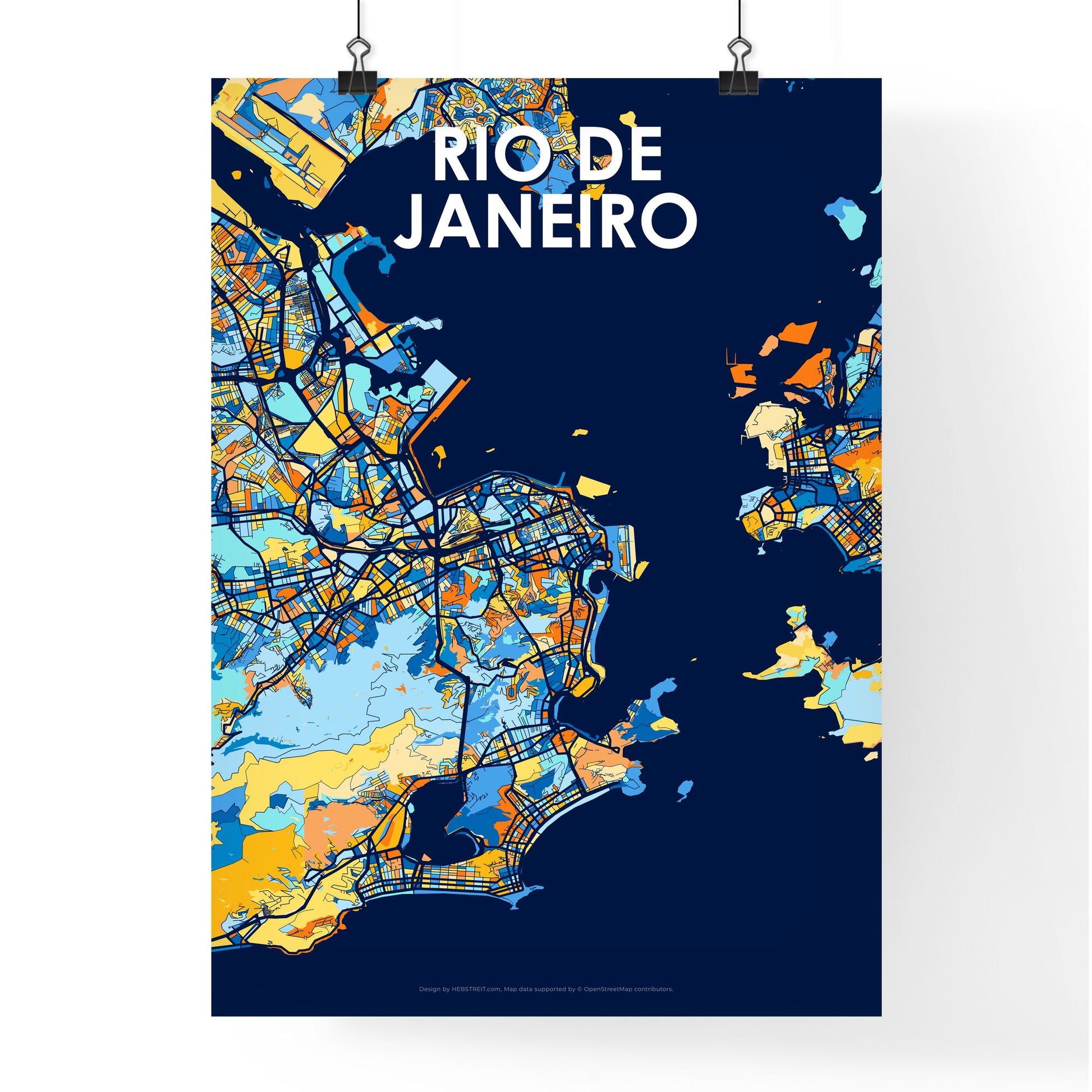 RIO DE JANEIRO BRAZIL Vibrant Colorful Art Map Poster Blue Orange