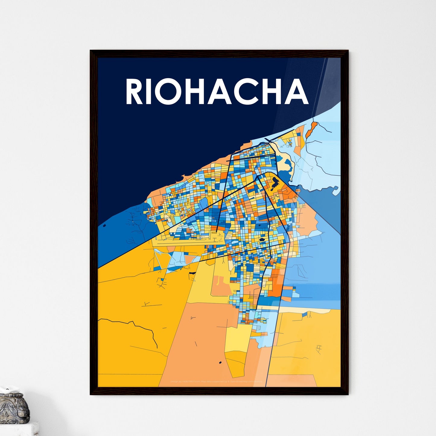 RIOHACHA COLOMBIA Vibrant Colorful Art Map Poster Blue Orange