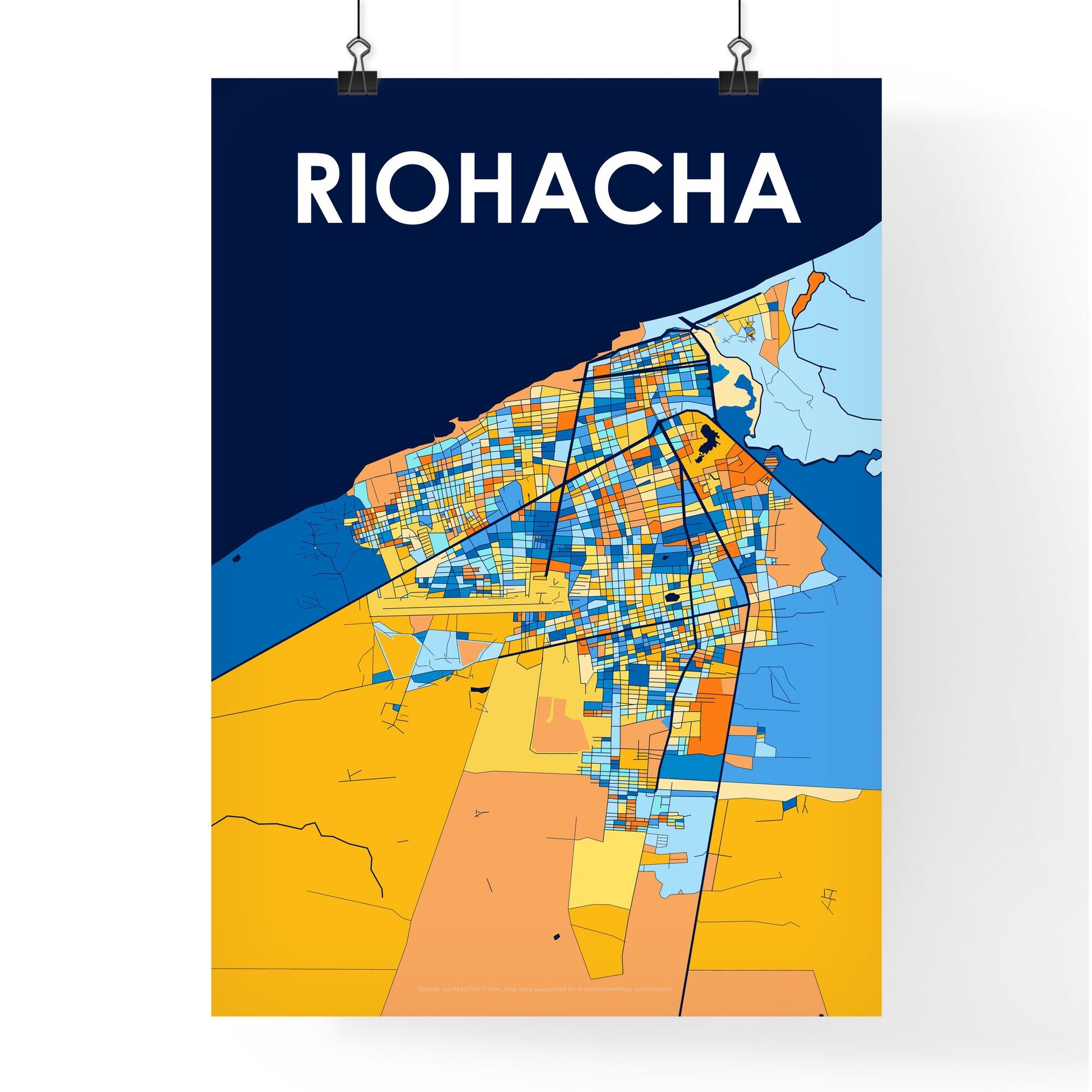 RIOHACHA COLOMBIA Vibrant Colorful Art Map Poster Blue Orange