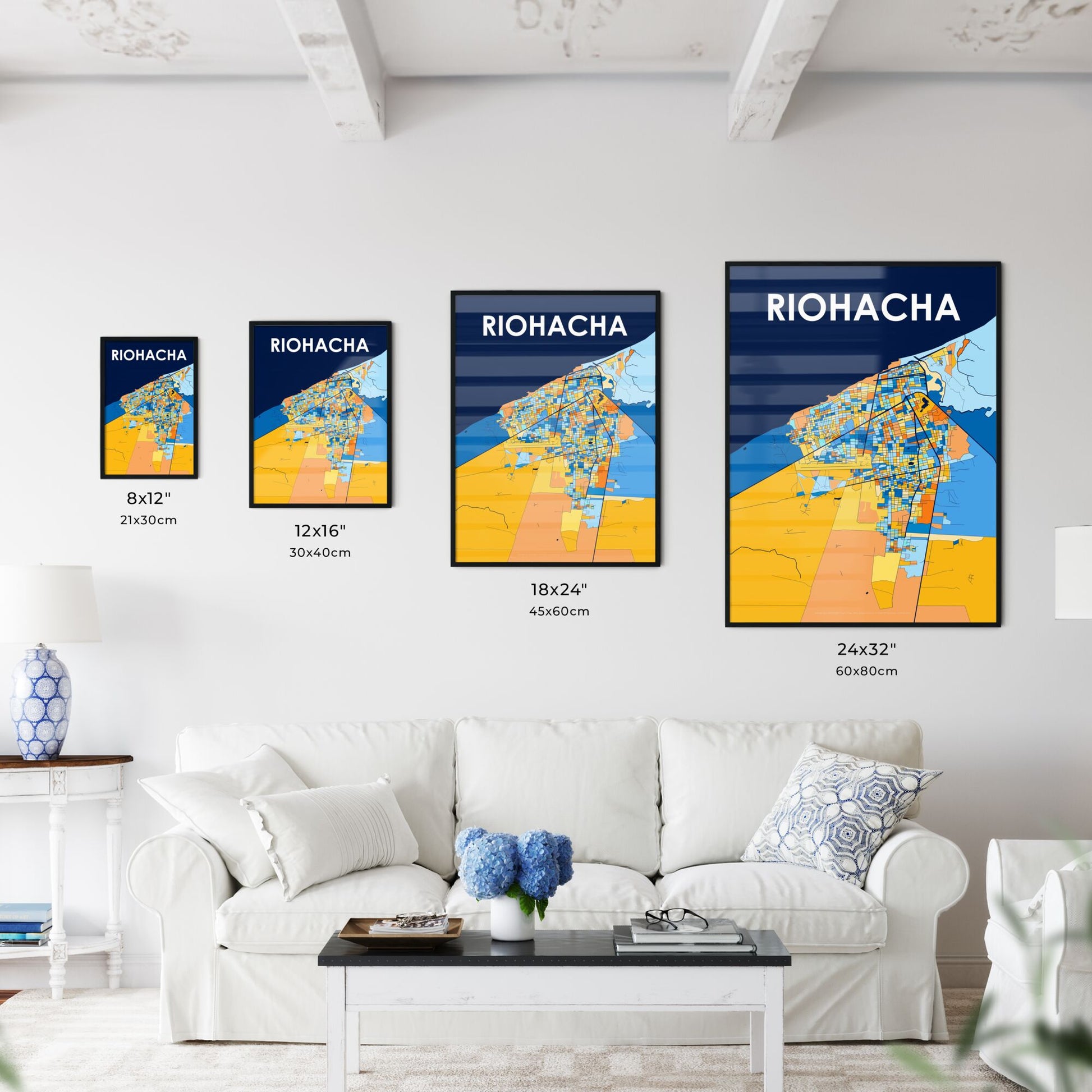 RIOHACHA COLOMBIA Vibrant Colorful Art Map Poster Blue Orange