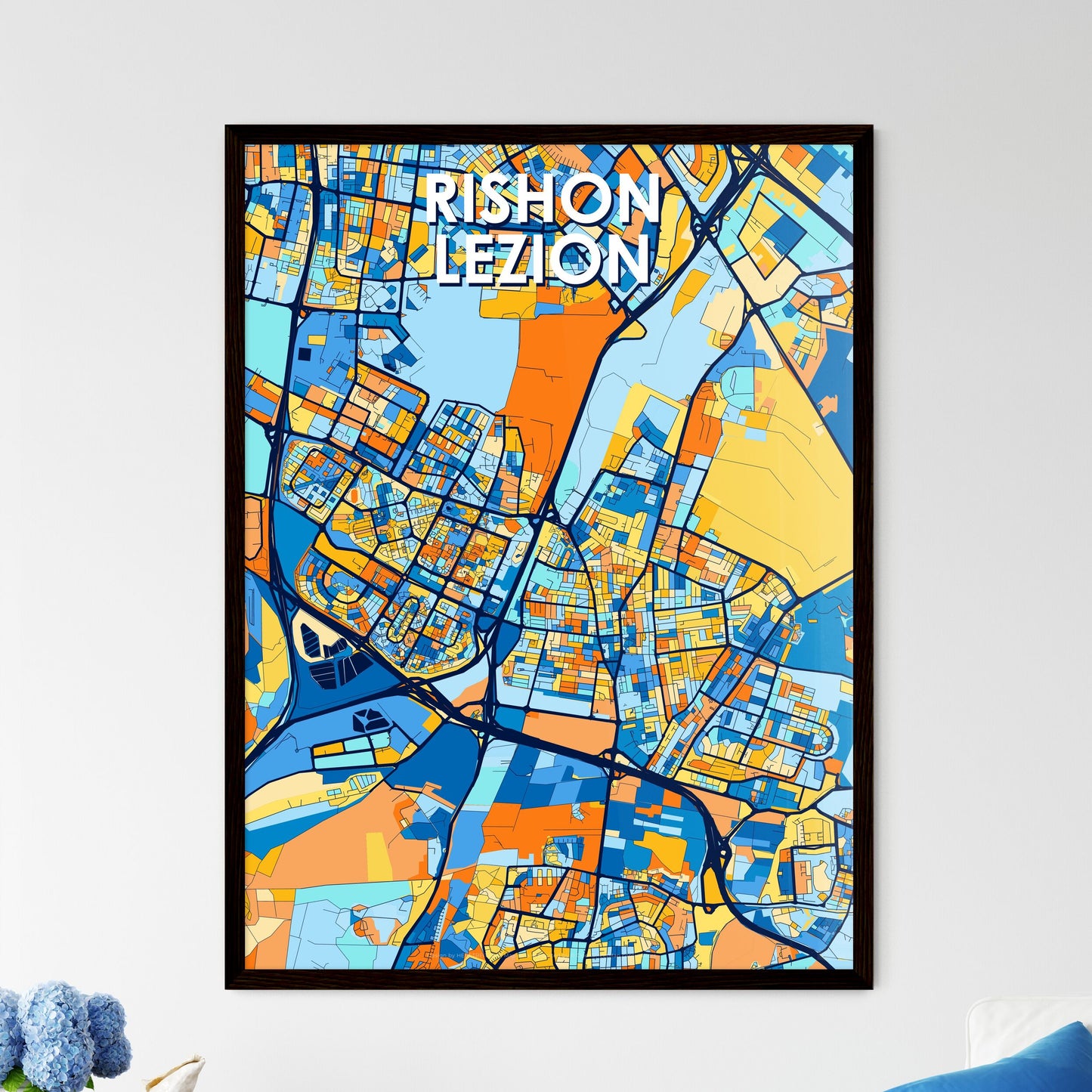 RISHON LEZION ISRAEL Vibrant Colorful Art Map Poster Blue Orange