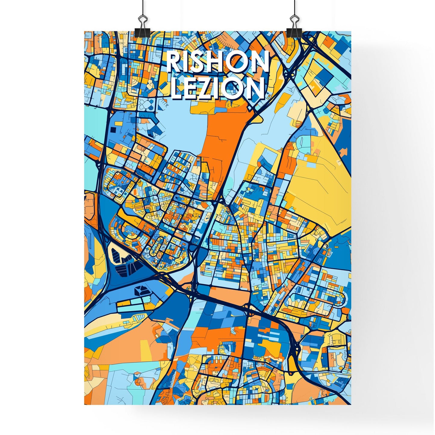 RISHON LEZION ISRAEL Vibrant Colorful Art Map Poster Blue Orange