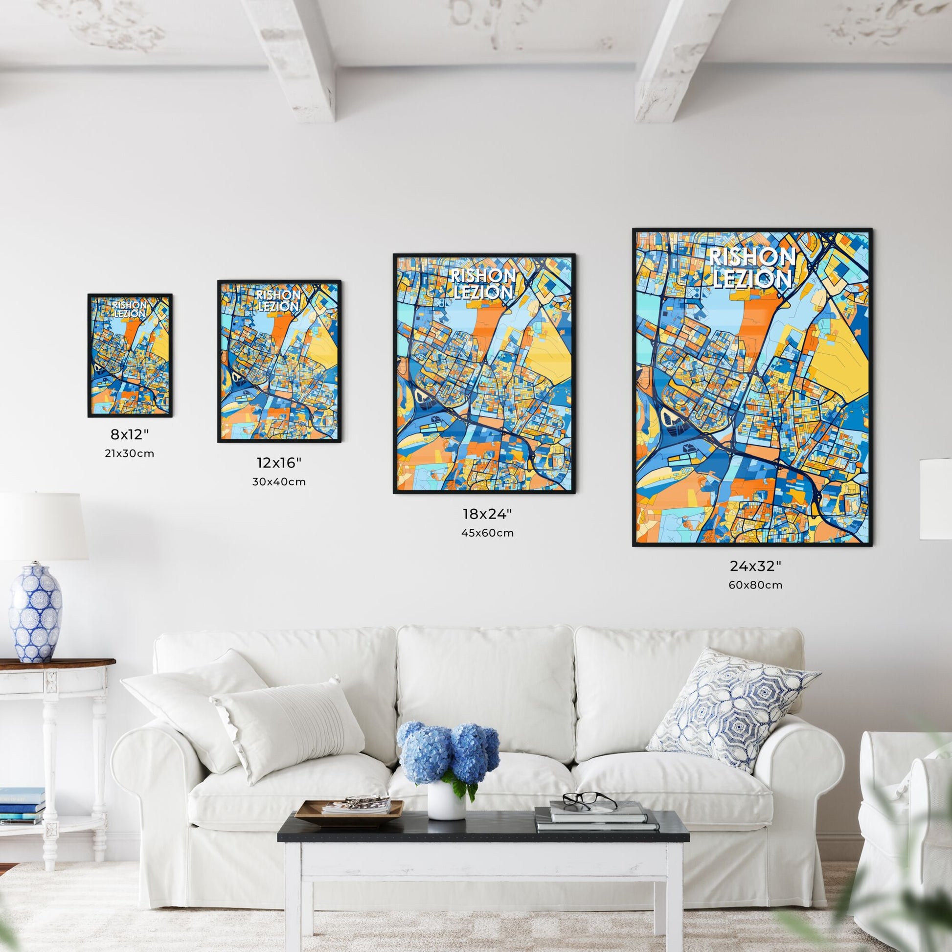 RISHON LEZION ISRAEL Vibrant Colorful Art Map Poster Blue Orange