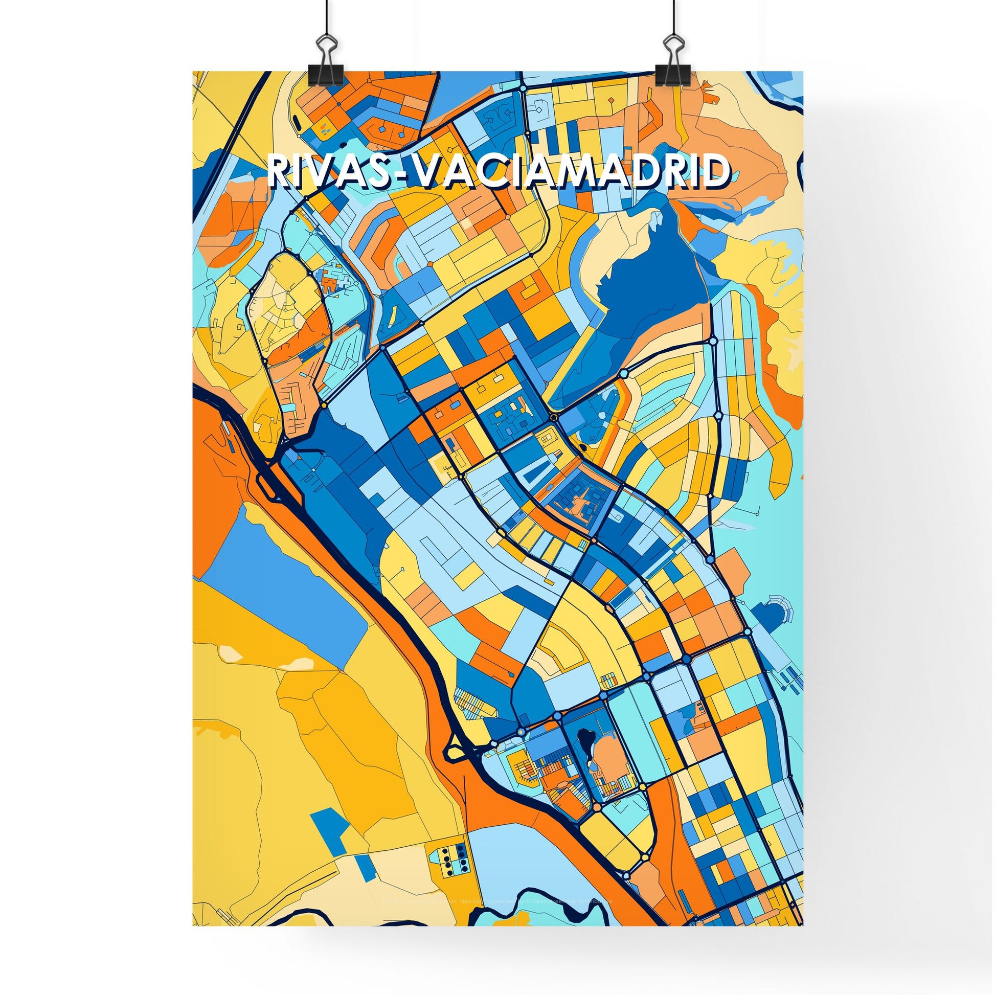 RIVAS-VACIAMADRID SPAIN Vibrant Colorful Art Map Poster Blue Orange