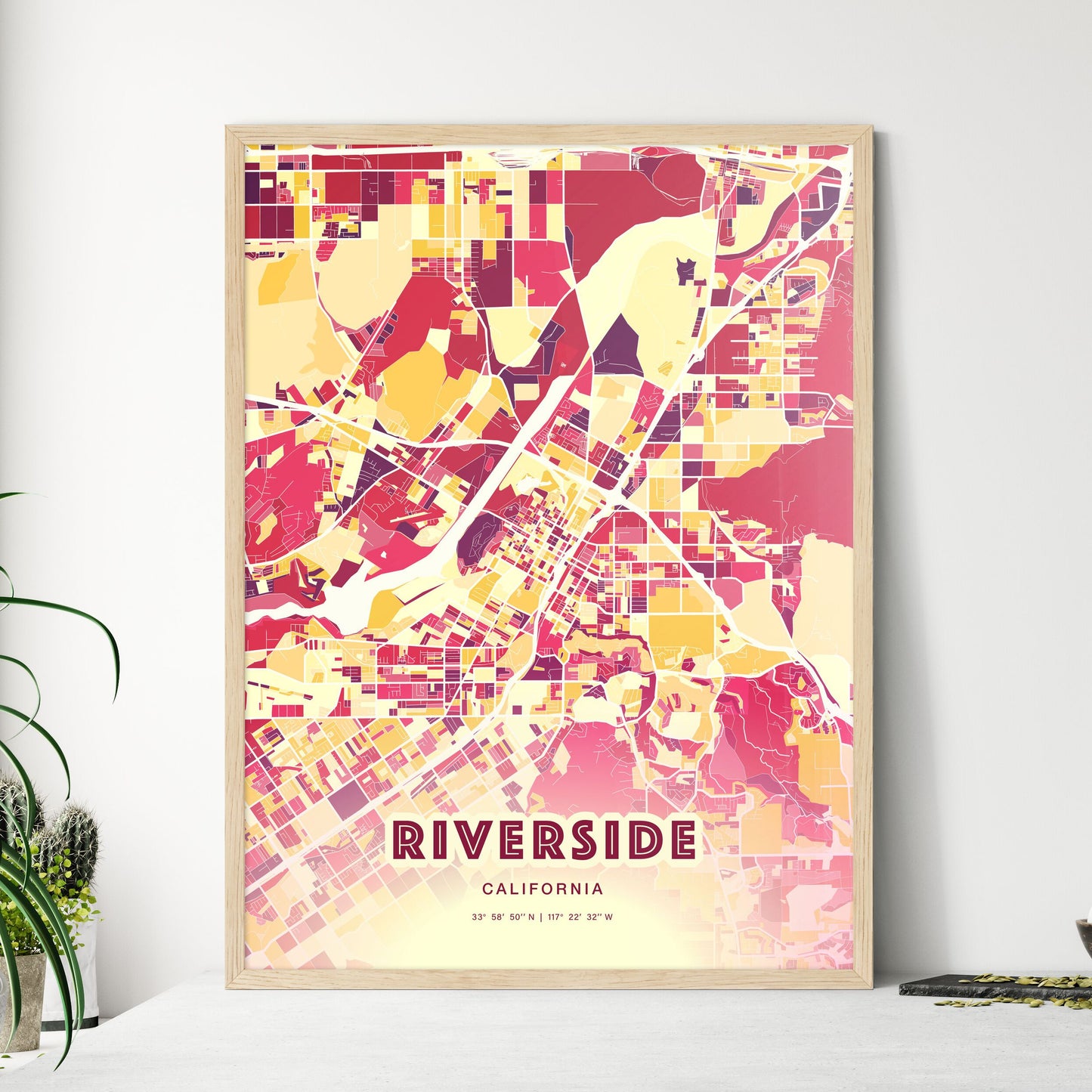 Colorful Riverside California Fine Art Map Hot Red