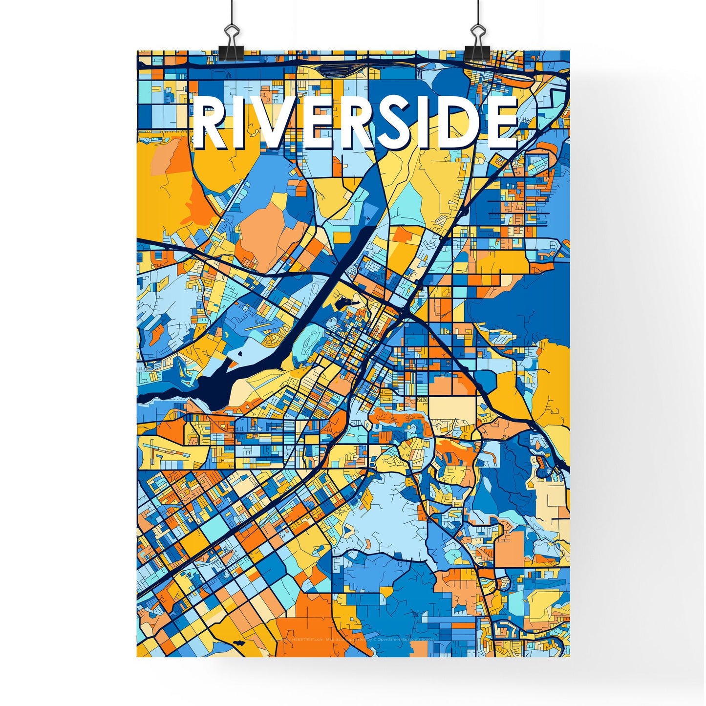 RIVERSIDE CALIFORNIA Vibrant Colorful Art Map Poster Blue Orange