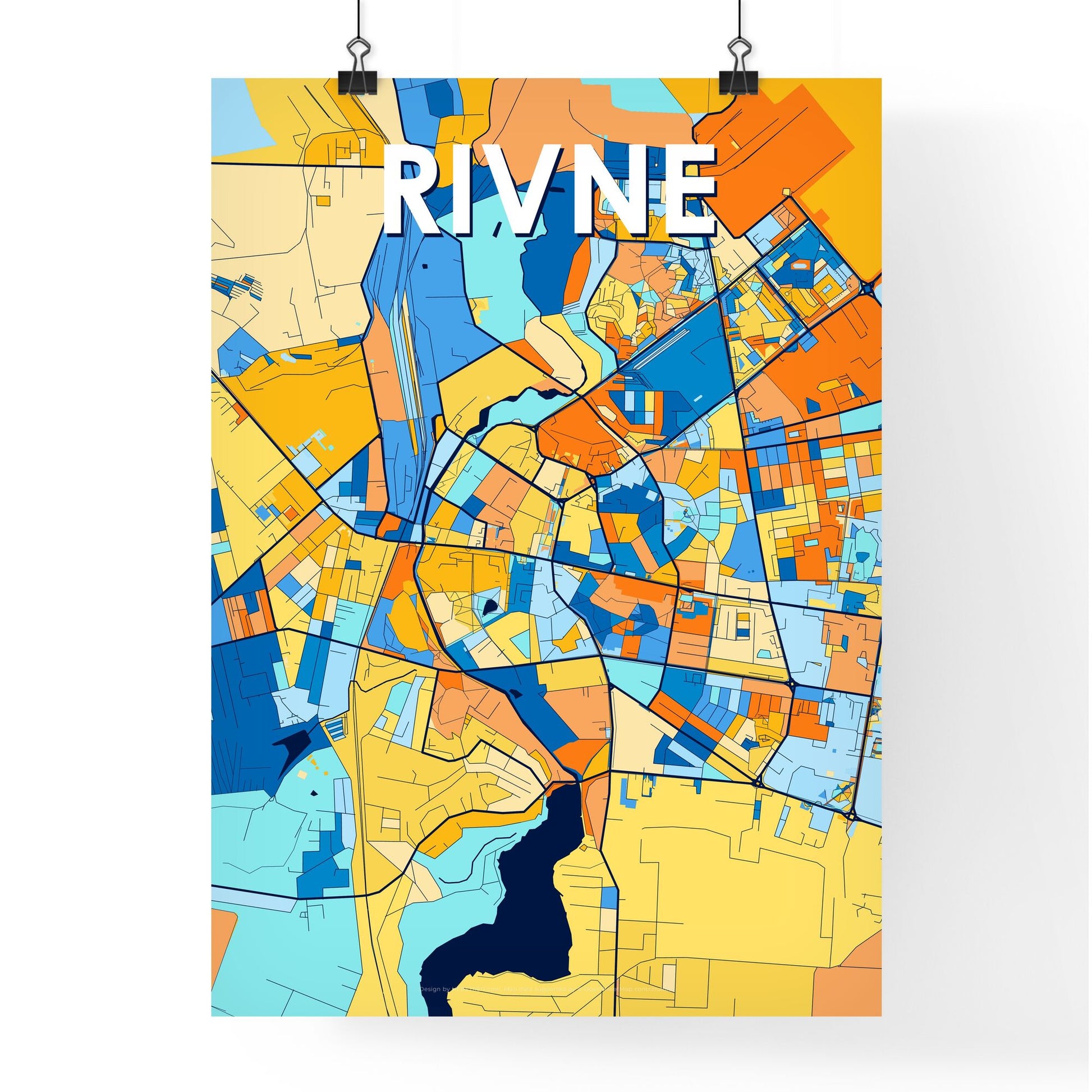 RIVNE UKRAINE Vibrant Colorful Art Map Poster Blue Orange