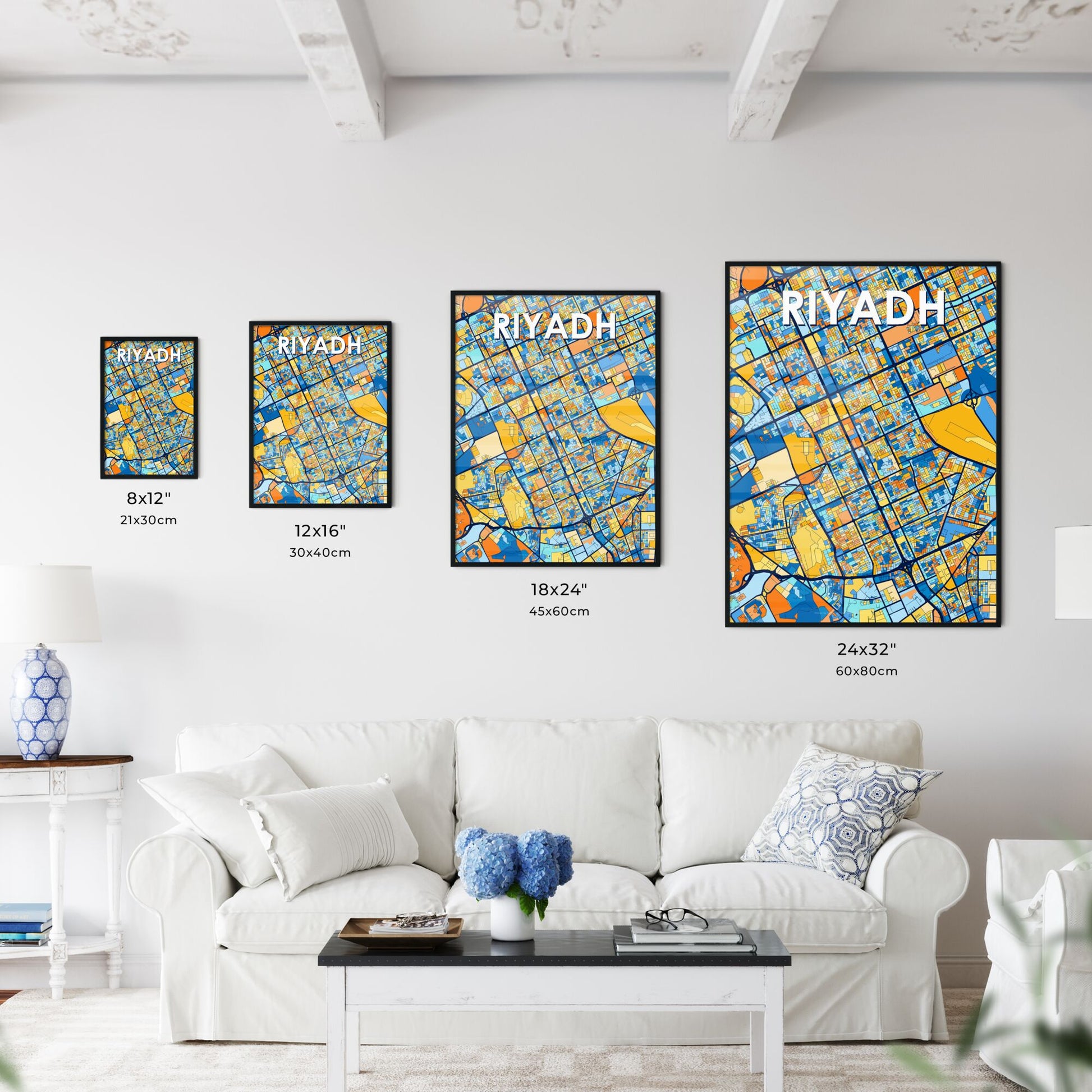 RIYADH SAUDI ARABIA Vibrant Colorful Art Map Poster Blue Orange